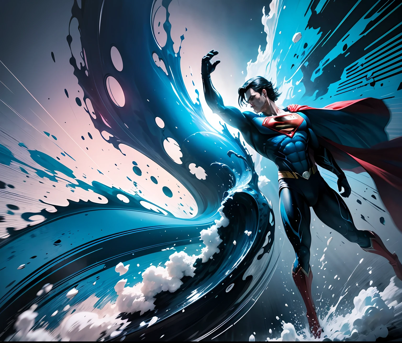 Superman art, dancing silhouette , water ink, ink water, ink cloud, alberto seveso art, loose painting style, intricate detail, cinematic lighting, octane render, 8k render, volumetric lighting --auto --s2