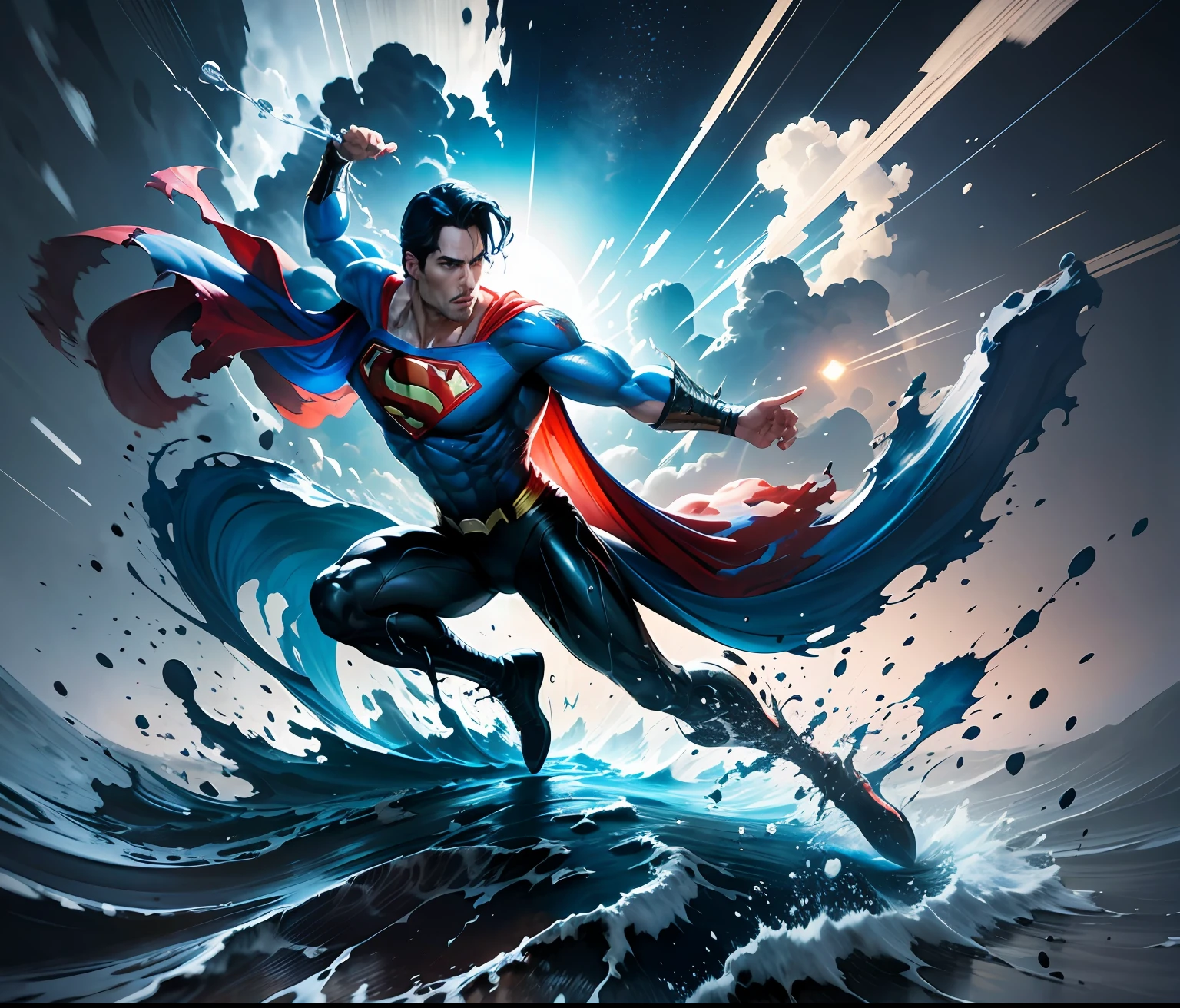 Superman art, dancing silhouette , water ink, ink water, ink cloud, alberto seveso art, loose painting style, intricate detail, cinematic lighting, octane render, 8k render, volumetric lighting --auto --s2