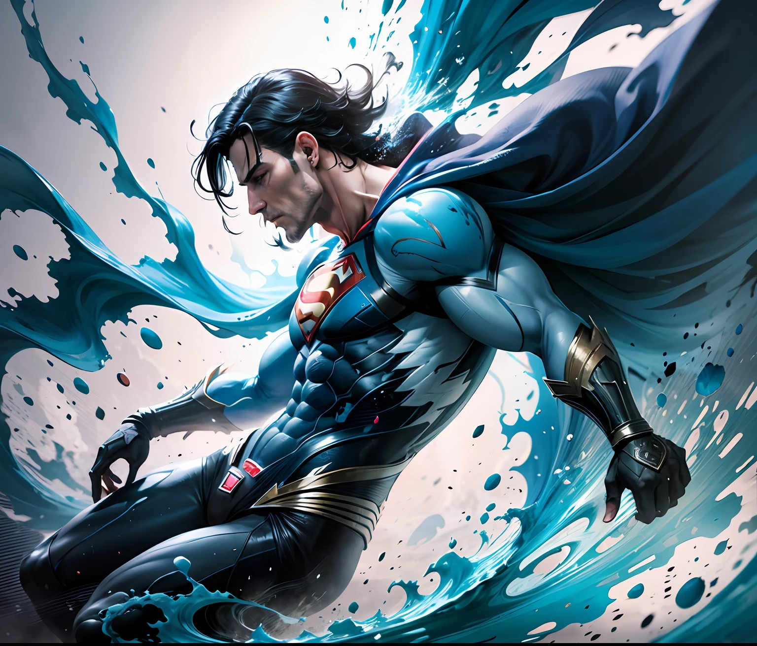 Superman art, dancing silhouette , water ink, ink water, ink cloud, alberto seveso art, loose painting style, intricate detail, cinematic lighting, octane render, 8k render, volumetric lighting --auto --s2