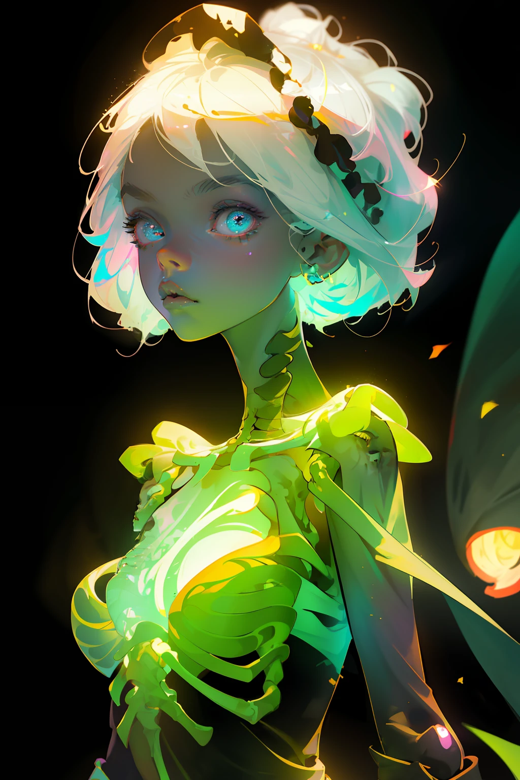Masterpiece, best quality, super high resolution, fluorescent color, 1 skeleton girl, skeleton girl looking at the audience, beautiful face, beautiful eyes, (from shoulder: 1.2), whole body visible, unusual perspective, cinematic camera, unusual night world, fluorescent hair, shiny skin, glowing hair, finger scale coordination, white transparent star dress, particles, magic, fluorescent flowers