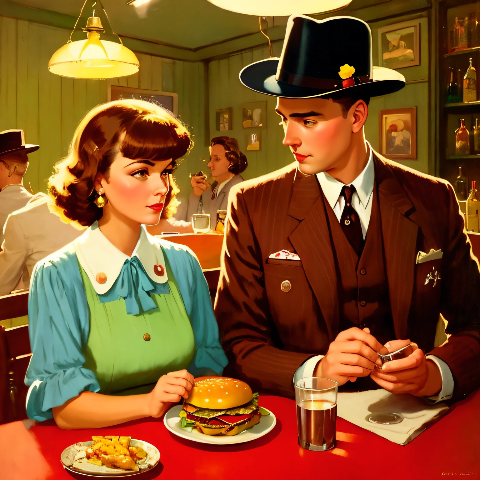 they are sitting at a table with a hamburger and a glass of wine, inspired by Art Frahm, by Tom Lovell, by Art Frahm, ed hopper, 1950s illustration style, by Marshall Arisman, angus mcbride, by Richard Sedlon, by Eric de Kolb, by John Alexander, by Brian Thomas, by Jon Whitcomb