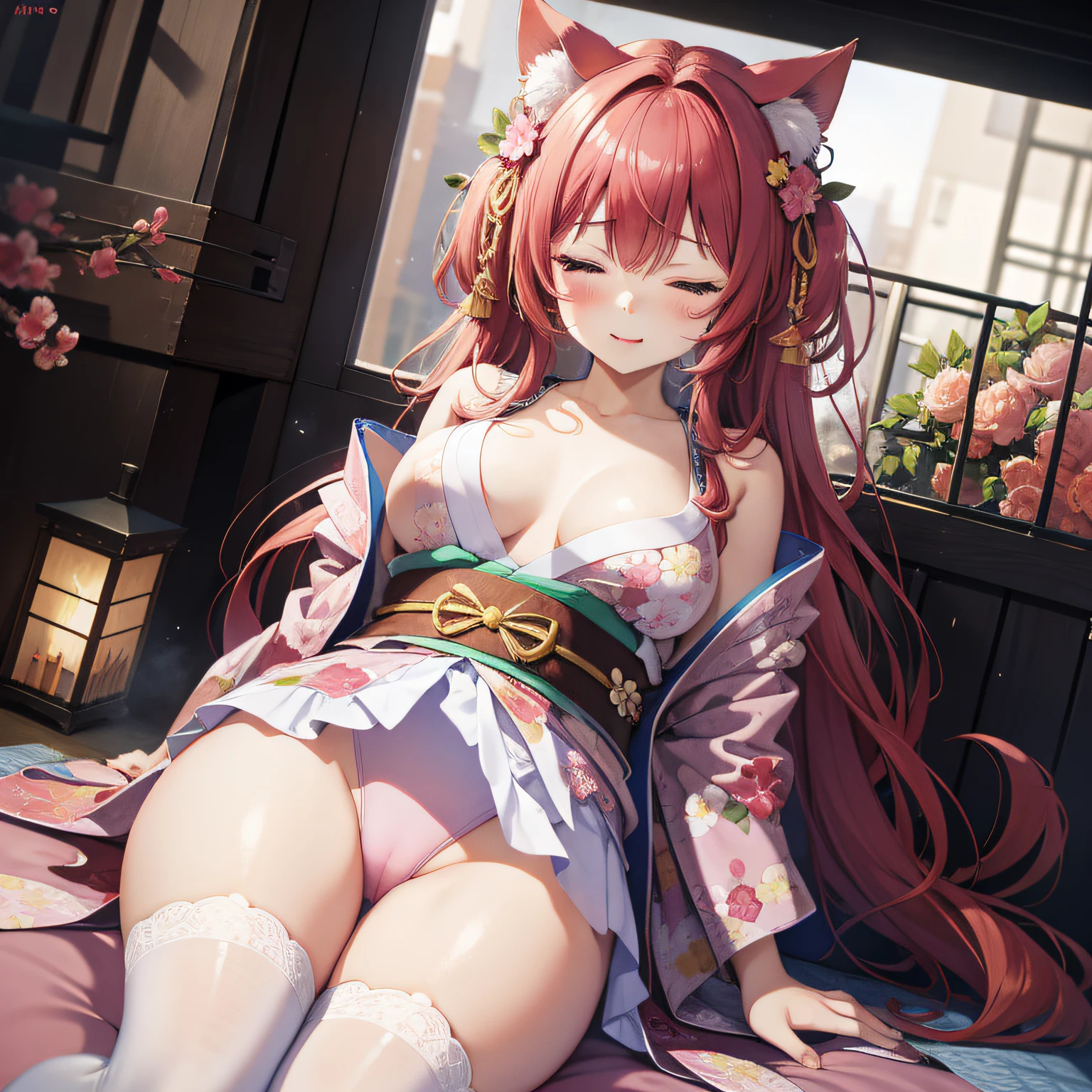 masterpiece, high resolution, high quality, NSFW, pink kimono, big, cat ears, floral pattern, closed eyes, red hair, long hair