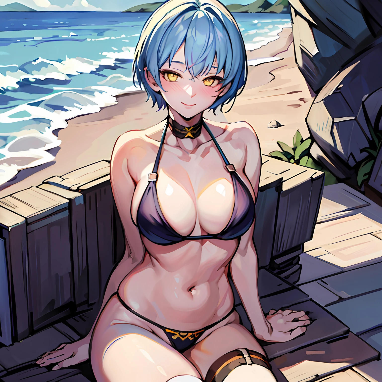 masterpiece, best quality, high resolution, 1girl, solo, light blue hair, short hair, (mole on thigh: 0.8), bangs, hair behind the ear, yellow eyes, hair decoration, closed mouth, beach, micro bikini, smile, light blush, sitting pose