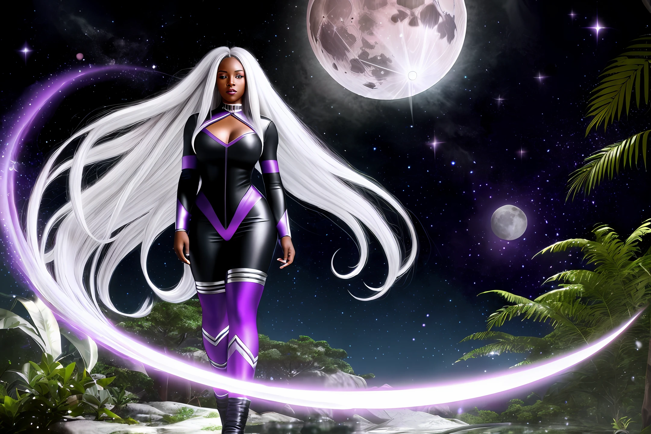 Black woman with long hair color silver hair, violet eyes, leaking energy, mystical full body tattoo, ultra realistic, powers that comes from the moon and Amazon forests.