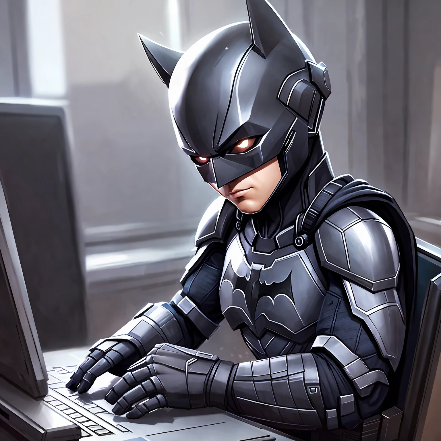 Cute small humanoid batman sitting in front of laptop, unreal engine, cozy indoor lighting, artstation_detailed, digital painting, cinematic, character --auto --s2