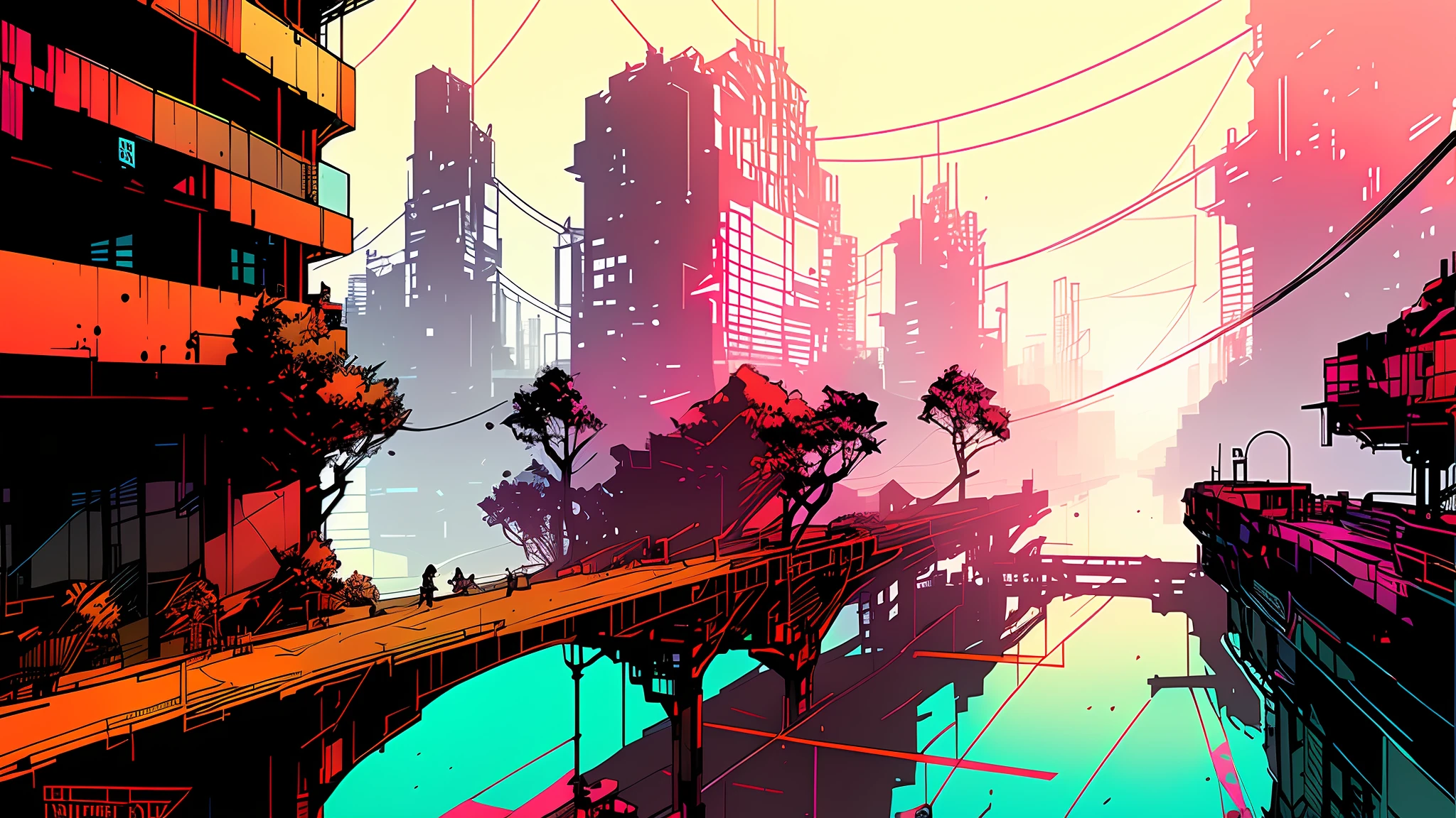 nvinkpunk, raised rail, big city, red and white color scheme, beautiful complex file grid, complex, elegant, highly detailed, digital painting, artstation, conceptual art, smooth, sharp focus, illustration, 8k
