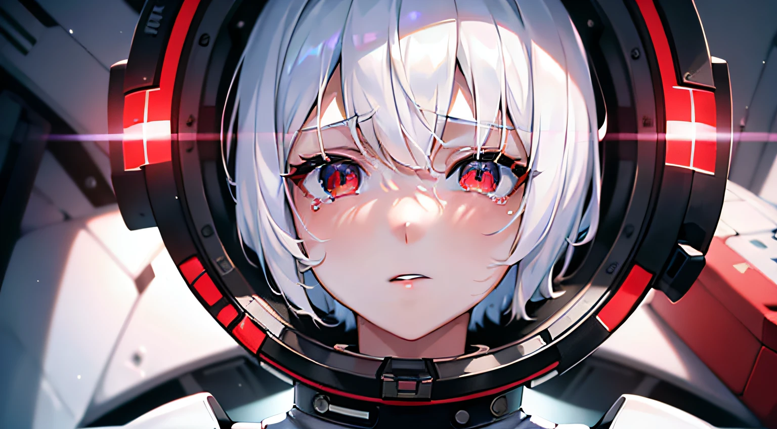 masterpiece , a girl, in space, ( lite white short hair:1.2), (red eyes:1.2), (Extravehicular Mobility Unit:1.2), (8k, best quality 1.2), ultra-detailed, 8k uhd, soft lighting, high quality, film grain, beautiful lighting, cinematic ,perfect body , best illumination, best shadow, sharpness, contrast, mental breakdown, crying