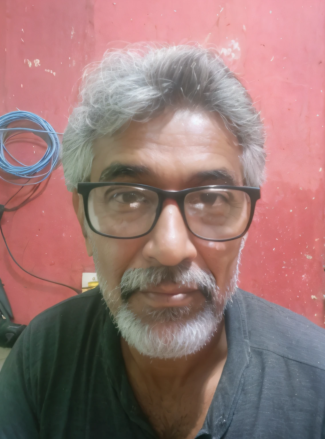 there is a man with glasses and a beard sitting in front of a red wall, 5 0 years old man, 4 0 years old man, 8k selfie photograph, he has a beard and graying hair, some grey hair in beard, without beard, ranjit ghosh, he is about 6 0 years old, he is about 60 years old