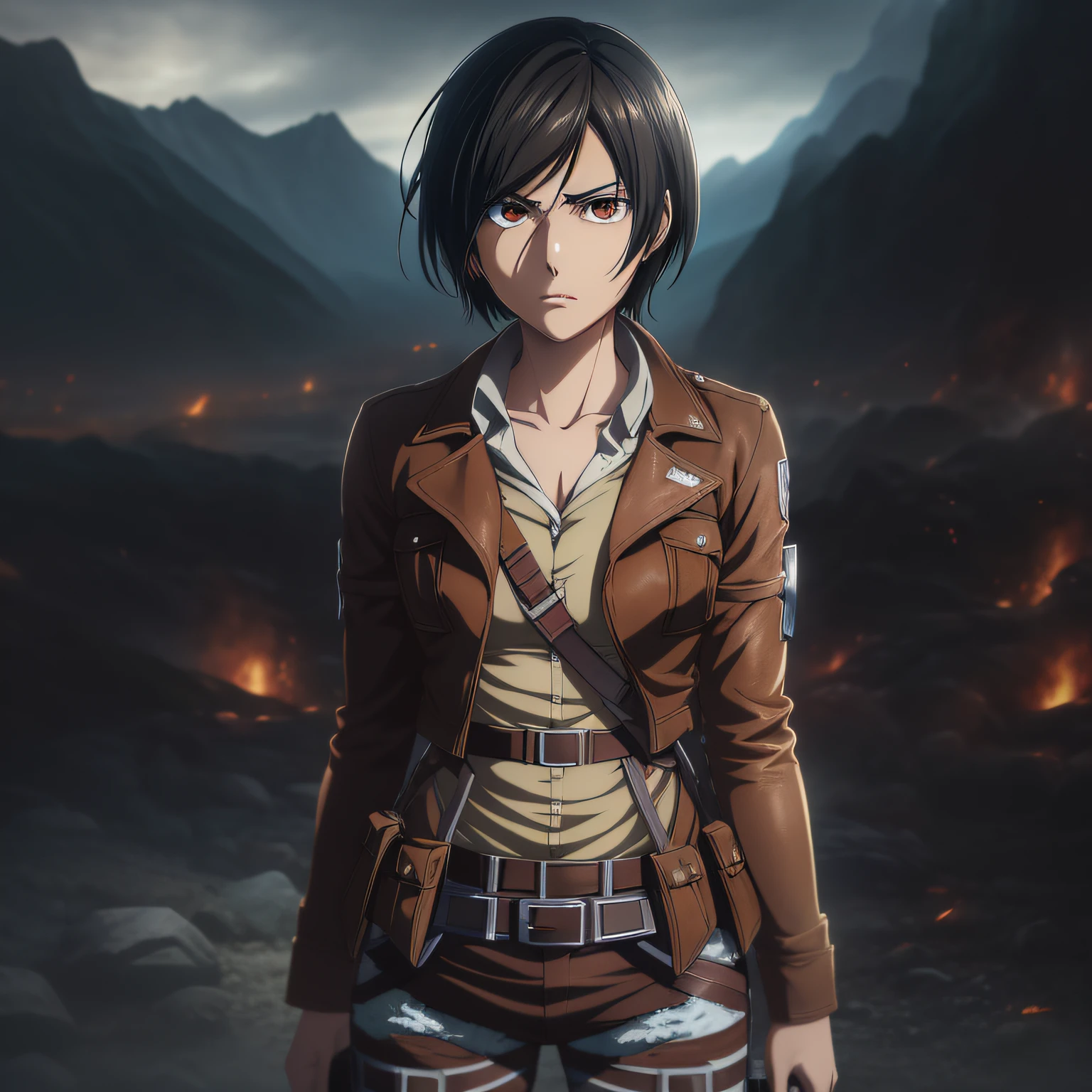 anime girl in brown jacket standing in front of a mountain, mikasa ackerman, from attack on titan, in attack on titan, attack on titan covert art, portrait of eren yeager, (attack on titans anime), attack on titan anime style, badass anime 8 k, looking like annie leonhart, attack on titan, annie leonhart, attack on titans