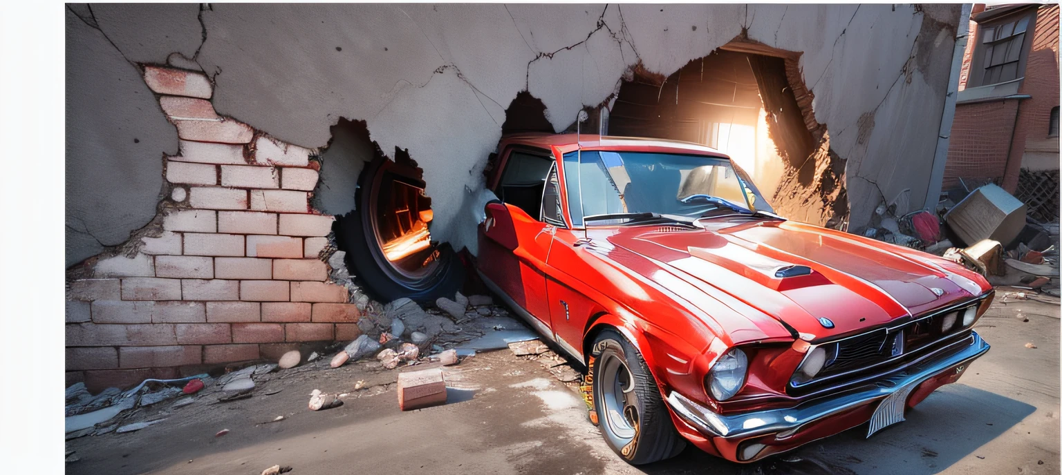 "Red Mustang from 1967, collides with a concrete wall and red bricks in incredible and realistic 3D effect, while the wall is slowly destroyed by the impact. The scene is illuminated by the setting sun, providing dramatic lighting and defined shadows."