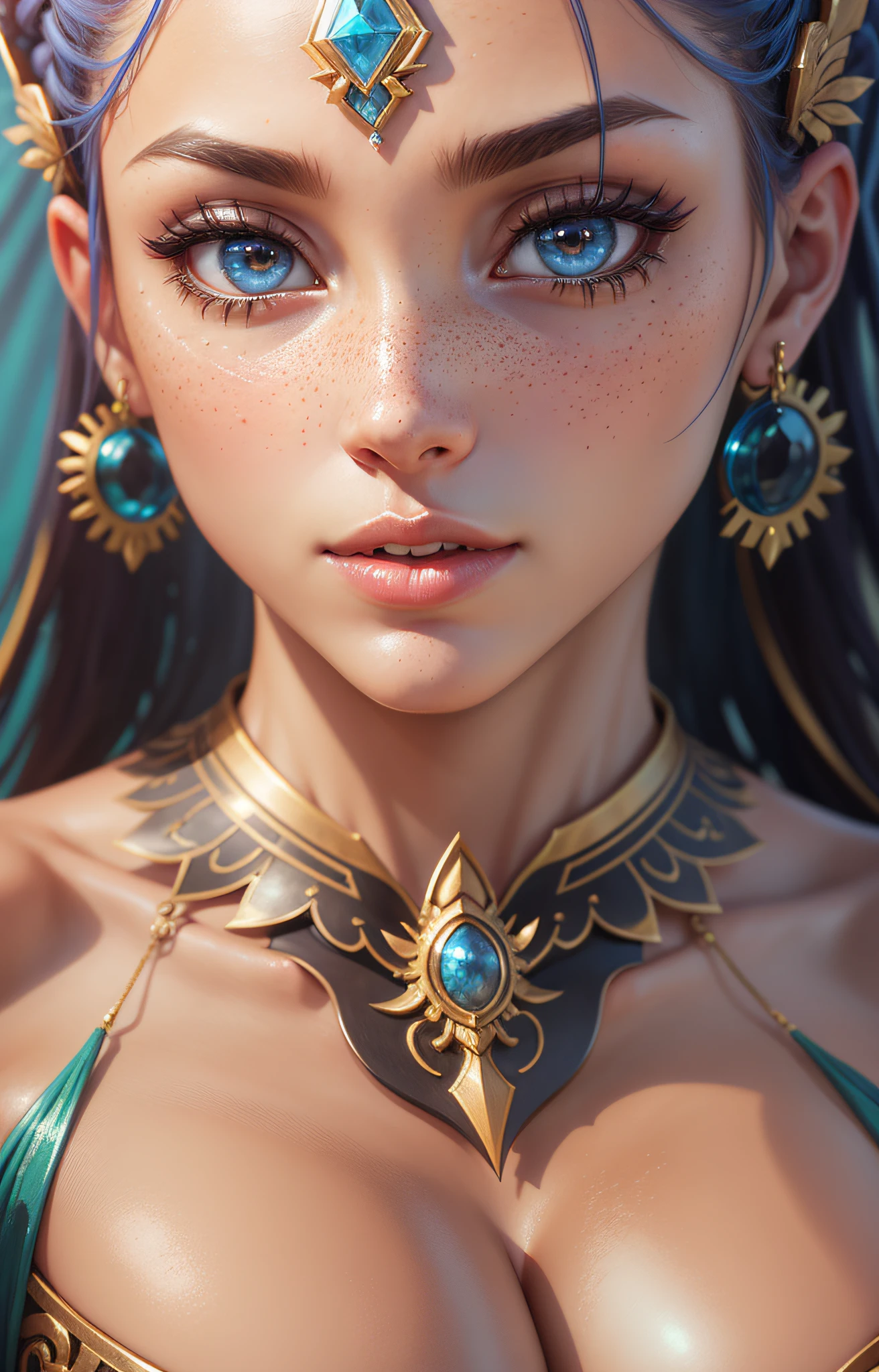 [close up] Beautiful goddess, posing for a picture, cinematic goddess body shot, sexy body, realistically shaded perfect body, colored hair with braids, photorealistic perfect body, unreal engine rendering + a goddess, goddess. extremely high details, beautiful goddess, photorealistic anime girl rendering, beautiful female body, perfectly shaded body, sexy hot body, cleavage, moist skin, tan, medium breasts, complicated, naughty, seductive look, piercing, trending on ArtStation, slim waist, narrow hips, slim body, hourglass body, looking back over the shoulder, perfect detailed eyes, freckles, under boob, side boob, perfect small butt, beautiful legs