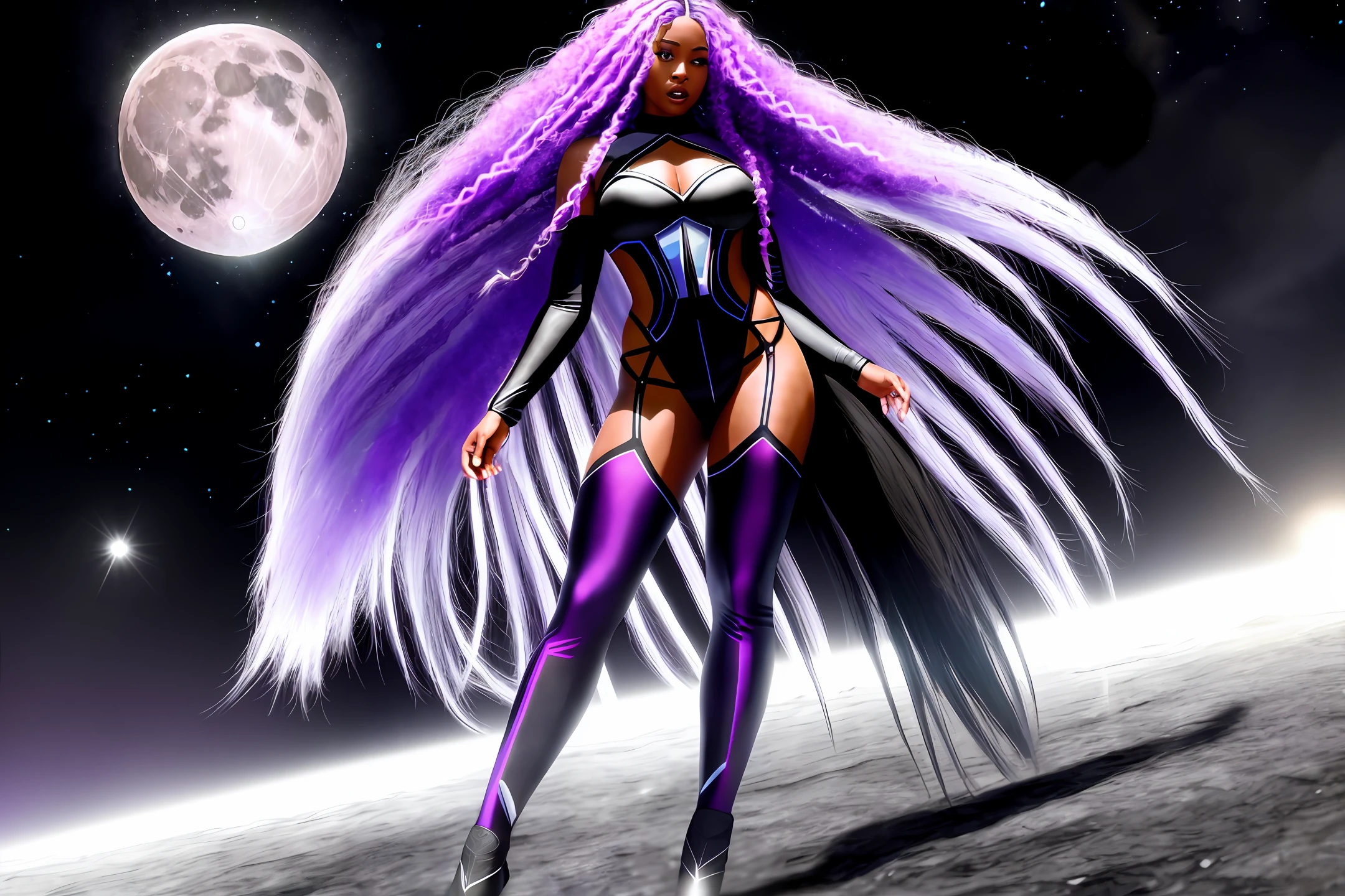 Black woman with long hair color silver hair, violet eyes, leaking energy, mystical full body tattoo, ultra realistic, powers that comes from the moon and Amazon forests imposing and powerful ultra realistic