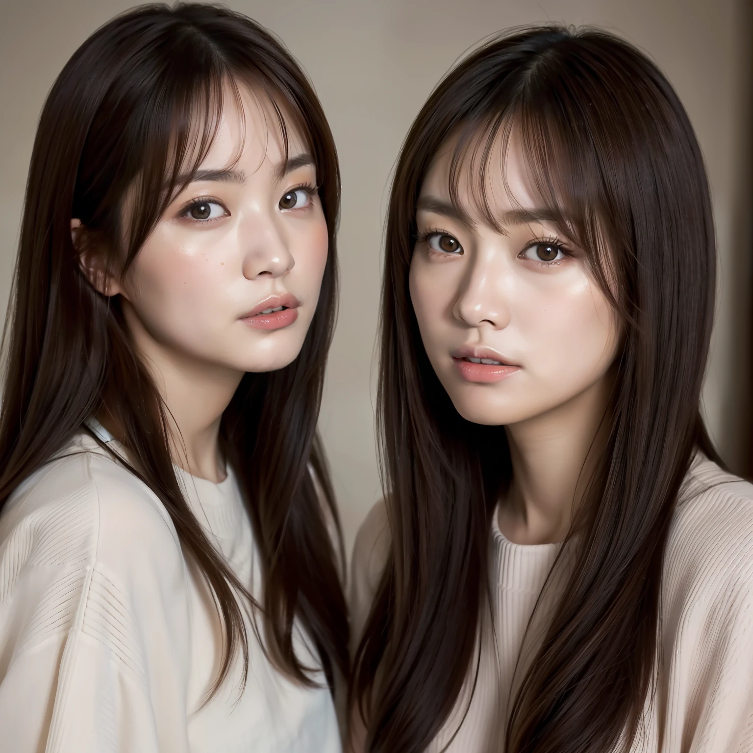 (masterpiece, super detailed, very realistic UHD portrait), beautiful Japan twin sisters with unique facial features of Japan people, two twin sisters looking at the camera, Ayami Kojima and Ayami Kojima, Kasumi Arimura and Kasumi Arimura, in the bedroom, intense gaze, breathtakingly beautiful.