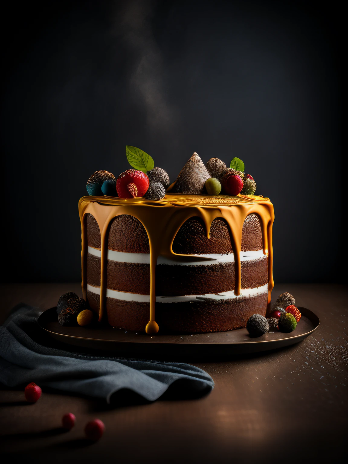 a delicious cake, cinematic, professional photography, studio lighting, studio background, advertising photography, intricate details, hyper-detailed, ultra realistic, 8K UHD