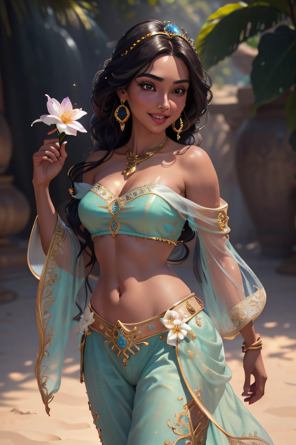 jasmine 1girl, solo, breasts, smile, open mouth, navel, holding, bare shoulders, jewelry, flower, earrings, midriff, pants, necklace, off shoulder, bracelet, see-through, white flower, gem, off-shoulder shirt, holding flower, multi-tied hair, arabian clothes (realistic:1.2), (realism), (masterpiece:1.2), (best quality), (ultra detailed), (8k, 4k, intricate),(full-body-shot:1), (85mm),light particles, lighting, (highly detailed:1.2),(detailed face:1.2), (gradients), sfw, colorful,(detailed eyes:1.2)(detailed background),detailed landscape, (dynamic angle:1.2), (dynamic pose:1.2), (rule of third_composition:1.3), (Line of action:1.2)