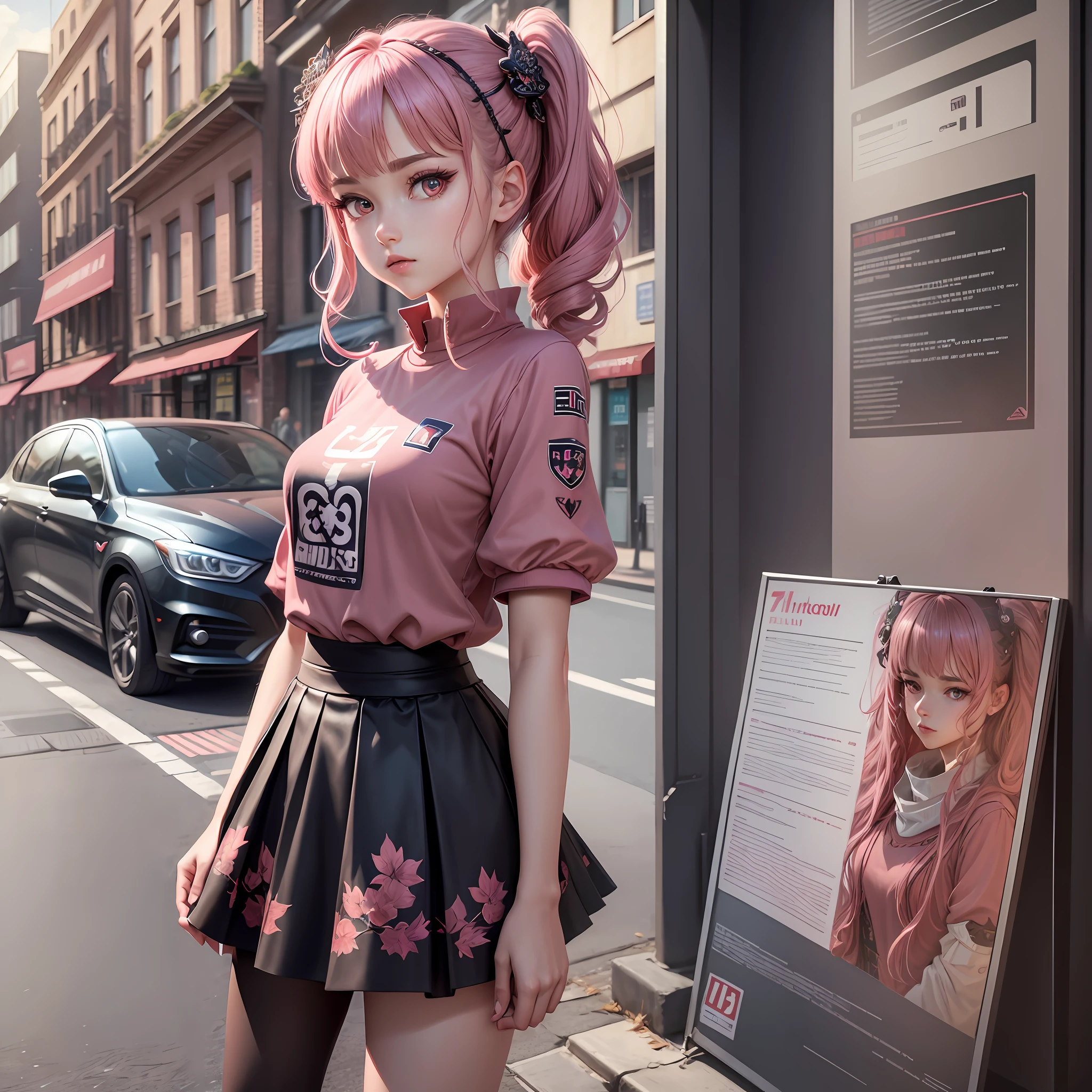 best quality, 4K wallpaper, masterpiece, extremely detailed CG unity 8k wallpaper, extremely detailed eyes, ultra-detailed, intricate details, 1girl, solo,red eyes, Fila outfit, pink shirt, hair ornament, skirt, black legwear, shoes, looking at viewer, public, road sign, street park, street,