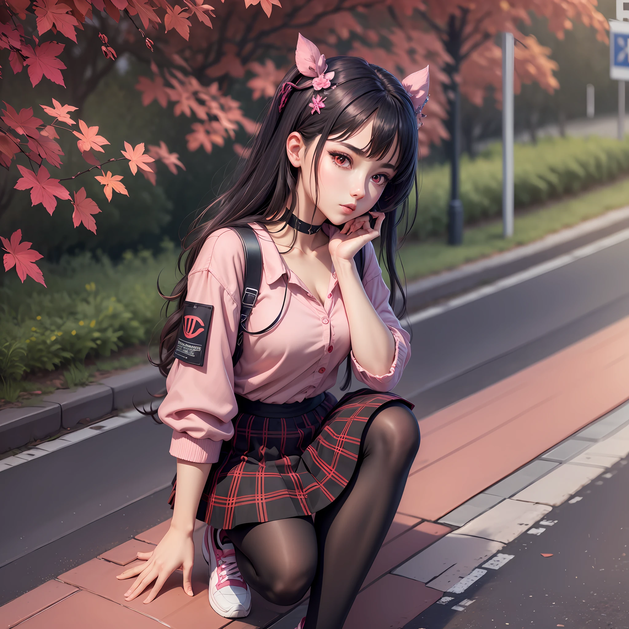 best quality, 4K wallpaper, masterpiece, extremely detailed CG unity 8k wallpaper, extremely detailed eyes, ultra-detailed, intricate details, 1girl, solo,red eyes, Fila outfit, pink shirt, hair ornament, skirt, black legwear, shoes, looking at viewer, public, road sign, street park, street,