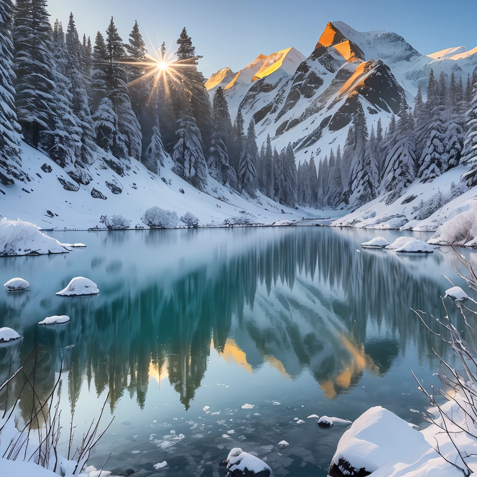 A frozen lake that reflects the sunlight that sets on the horizon, creating a rainbow effect on the icy waters. There are also some snowy mountains in the background, with high, rugged peaks, and some leafless trees that stand out in the white landscape. There are also some animals that live in the lake, such as fish, ducks and beavers. --auto --s2