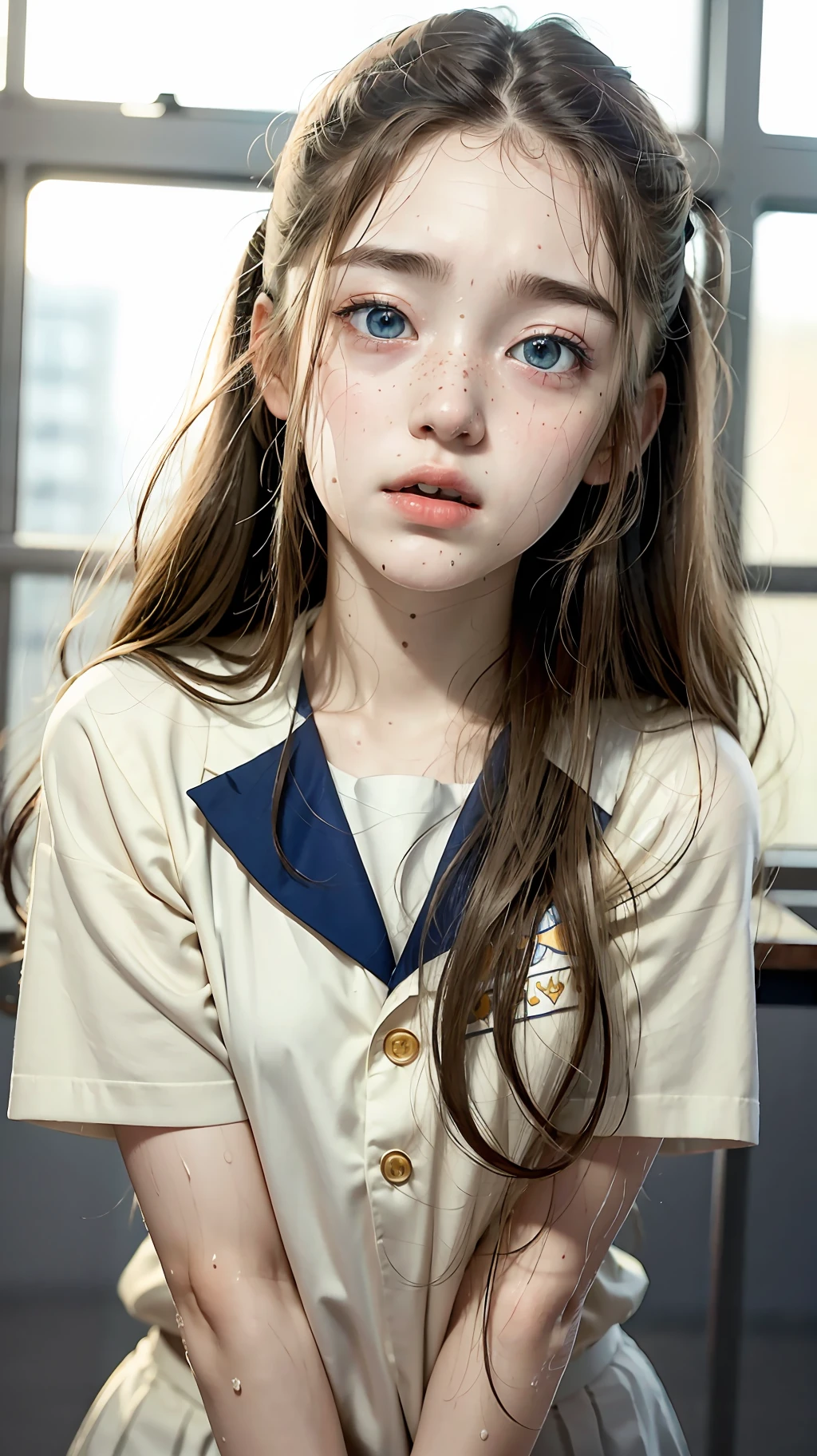 RAW photo, dynamic angle, highly detailed, soft light, 1girl, ((sweaty):1.2), pale skin, korean, 14 years old, innocent, mad, long hair, blue eyes, freckles, head tilted, sailor uniform, wide thighs, standing up,  on school, 8k, masterpiece