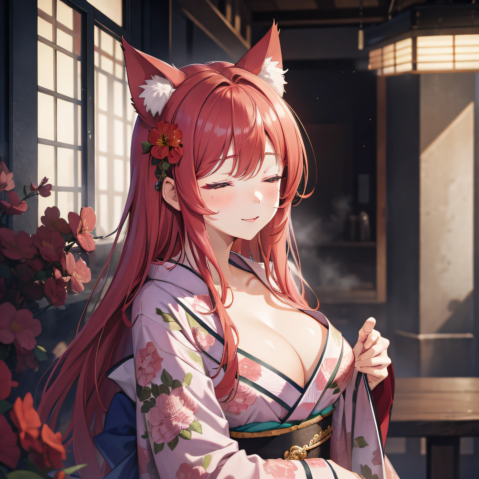 masterpiece, high resolution, high quality, NSFW, pink kimono, big, cat ears, floral pattern, closed eyes, red hair, long hair