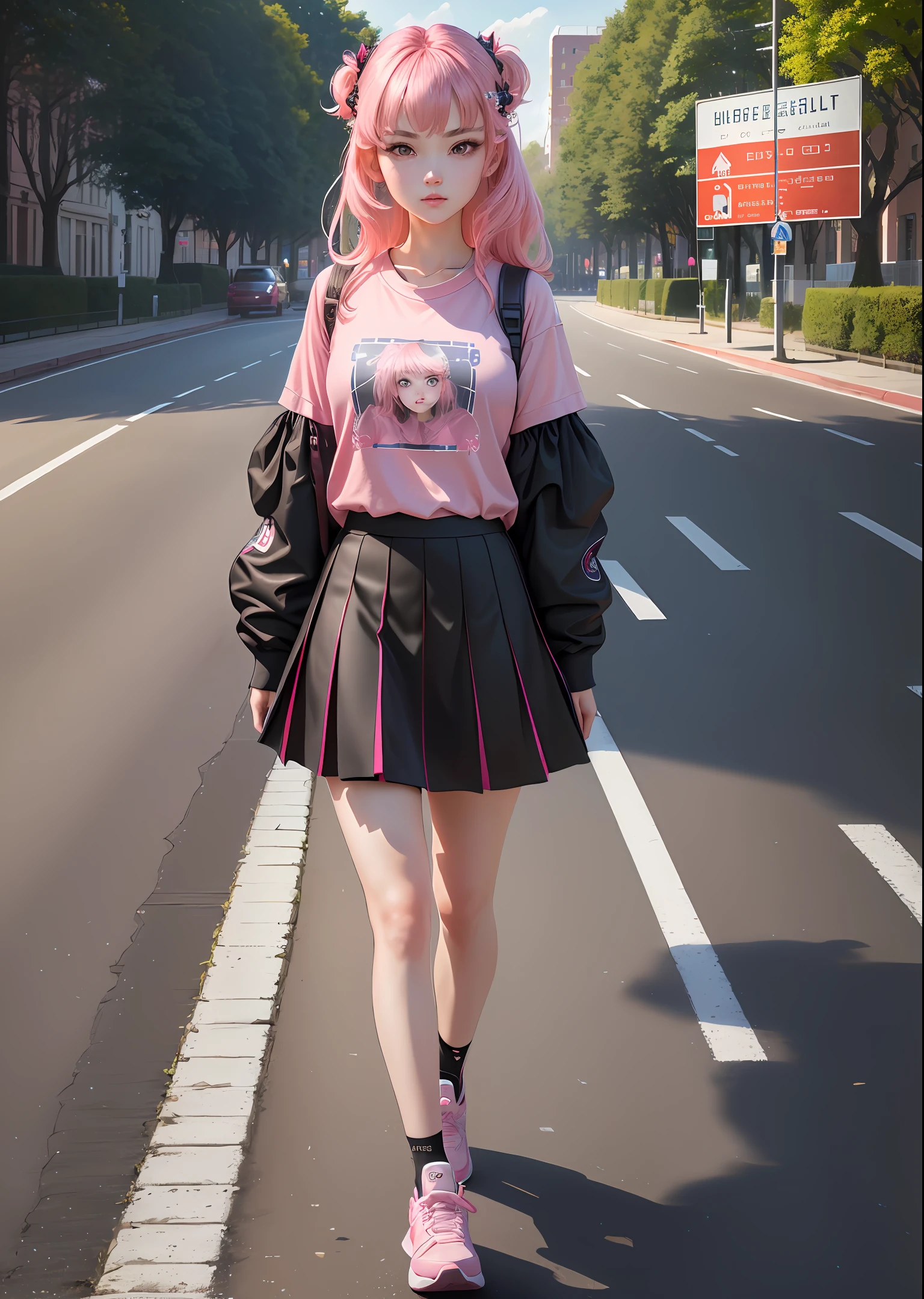 best quality, 4K wallpaper, masterpiece, extremely detailed CG unity 8k wallpaper, extremely detailed eyes, ultra-detailed, intricate details, 1girl, solo,red eyes, Fila outfit, pink shirt, hair ornament, skirt, black legwear, shoes, looking at viewer, public, road sign, street park, street,