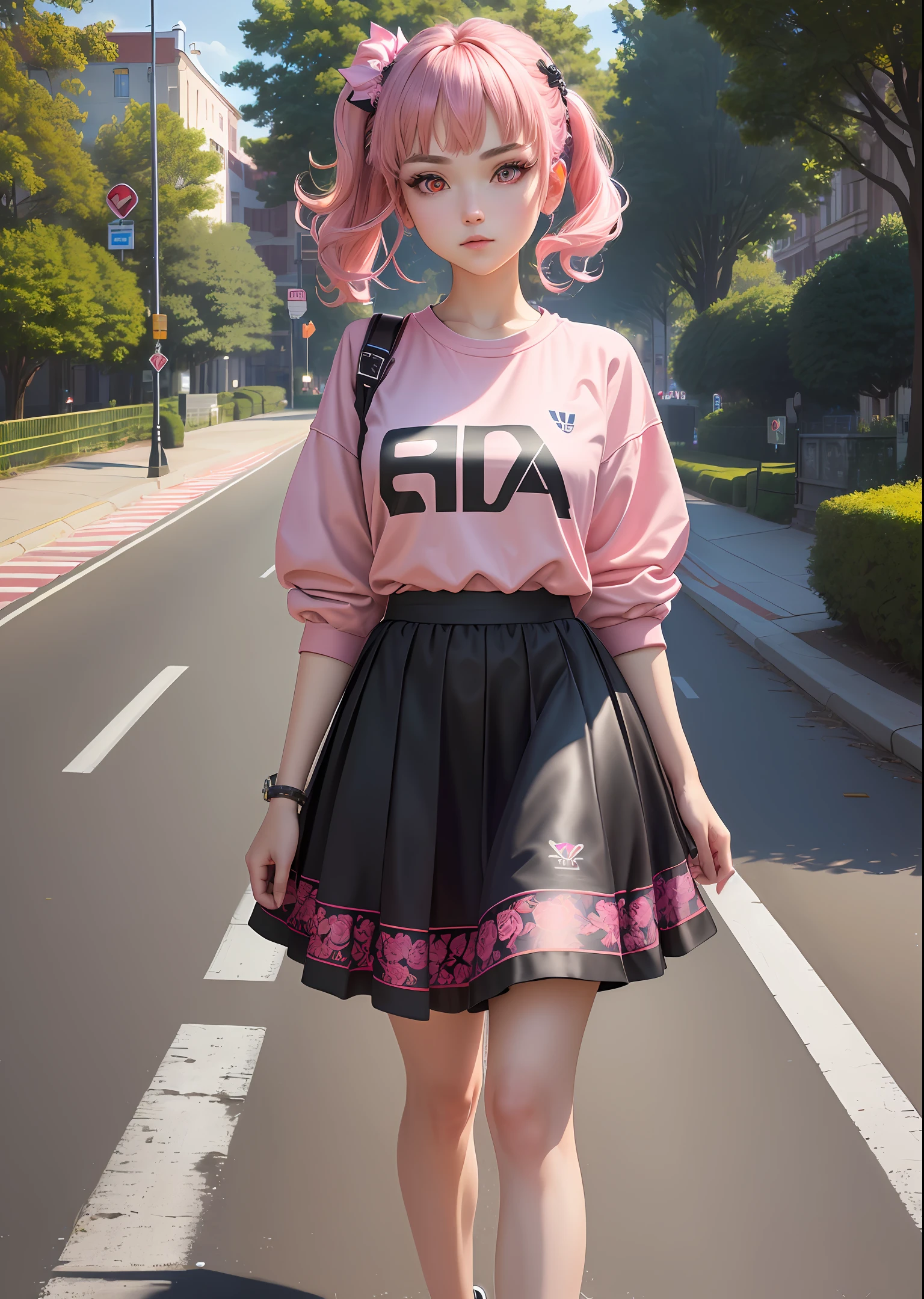 best quality, 4K wallpaper, masterpiece, extremely detailed CG unity 8k wallpaper, extremely detailed eyes, ultra-detailed, intricate details, 1girl, solo,red eyes, Fila outfit, pink shirt, hair ornament, skirt, black legwear, shoes, looking at viewer, public, road sign, street park, street,