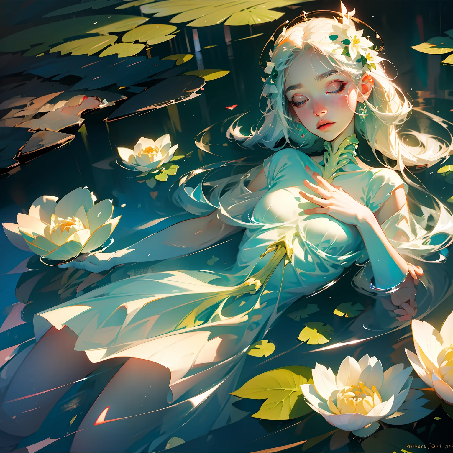 Masterpiece, best quality, super high resolution, 1 beautiful dead pale girl, body skeleton, eyes closed, long eyelashes, floats on the water, partially immersed in water, body on the surface of the water, the water is dark color, fluorescent flowers float around, flowers illuminate the water, wet translucent white shirt dress, finger scale coordination