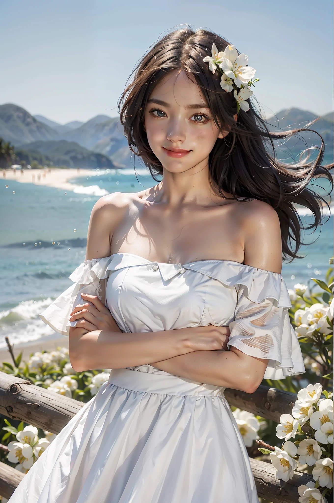 Best quality,https://www.seaart.ai/explore/detail/6e00bc446533b65c49e4d82d9d82a4d6 masterpiece, ultra high res, (photorealistic:1.4), raw photo, 1girl, white dress, off shoulder, blossom flower field, glowing skin, light smile