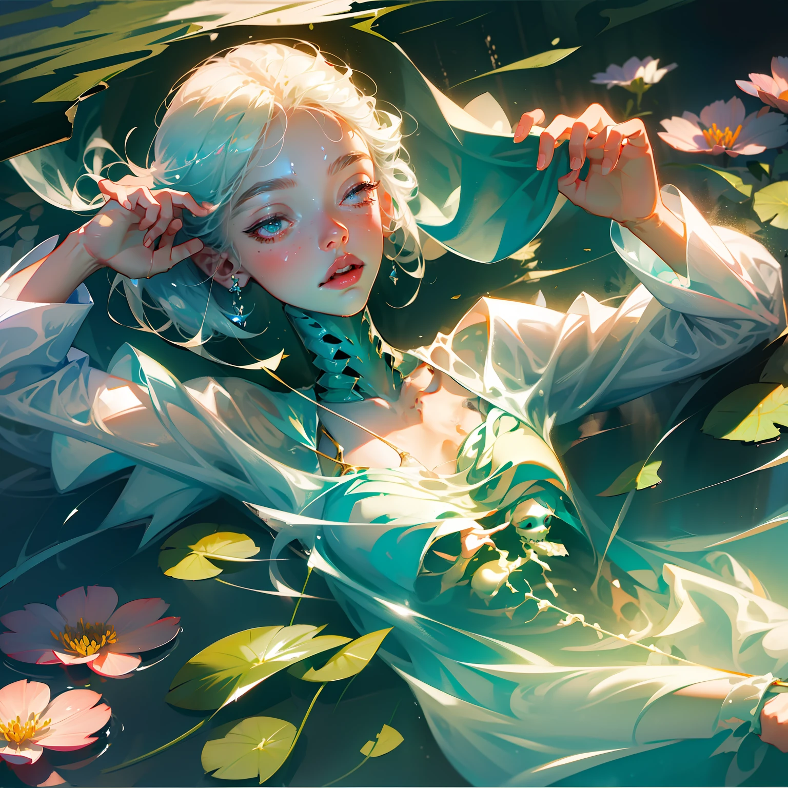 Masterpiece, best quality, super high resolution, 1 beautiful dead pale girl, body skeleton, eyes closed, long eyelashes, floats on the water, partially immersed in water, body on the surface of the water, the water is dark color, fluorescent flowers float around, flowers illuminate the water, wet translucent white shirt dress, finger scale coordination