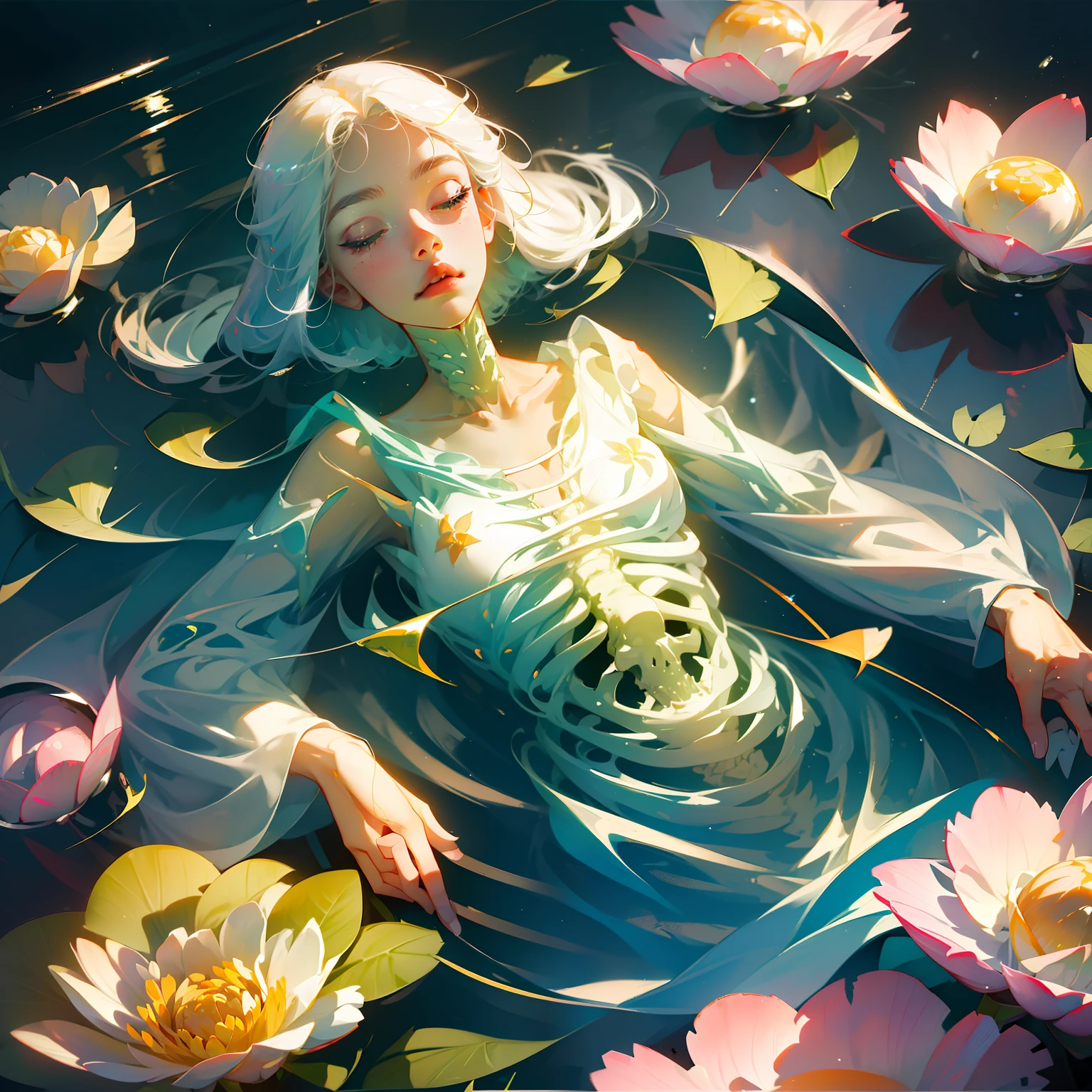 Masterpiece, best quality, super high resolution, 1 beautiful dead pale girl, body skeleton, eyes closed, long eyelashes, floats on the water, partially immersed in water, body on the surface of the water, the water is dark color, fluorescent flowers float around, flowers illuminate the water, wet translucent white shirt dress, finger scale coordination