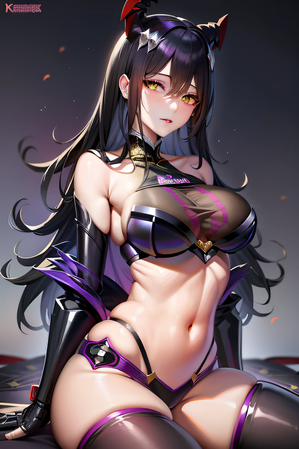 anime girl in black and purple lingersuit sitting on the floor, seductive anime girl, extremely detailed artgerm, ayaka genshin impact, shalltear from overlord, anime moe artstyle, irelia, biomechanical oppai, full body xianxia, marin kitagawa fanart, style artgerm, :: rossdraws