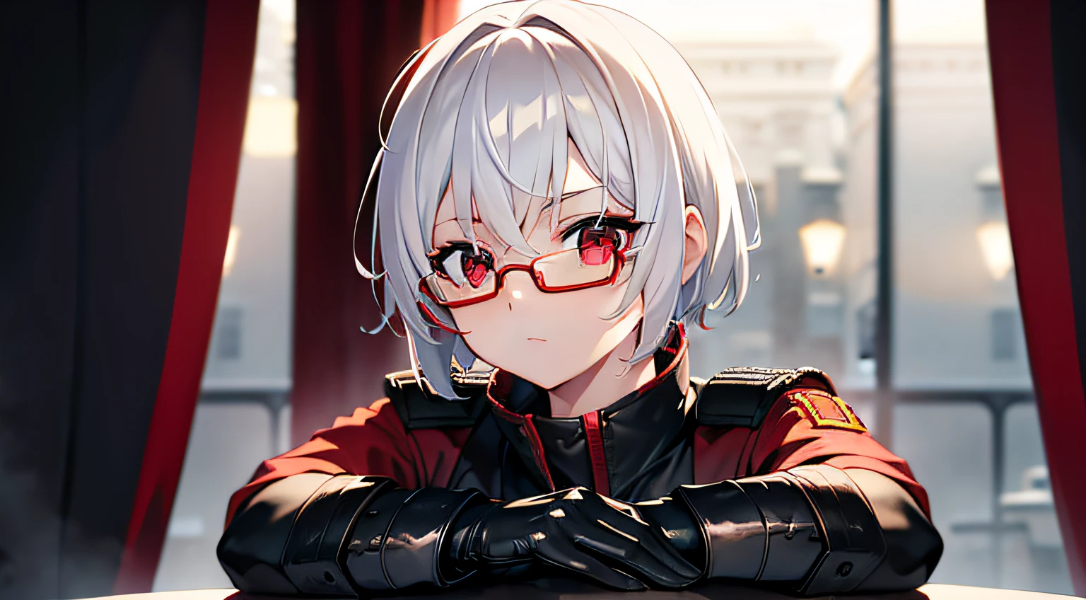 masterpiece , a girl, inside a tank, ( lite white short hair:1.2), (red eyes:1.2), (russian spetsnaz millitary uniform:1.2), (looks at the viewer:1.2) , (8k, best quality 1.2), ultra-detailed, 8k uhd, soft lighting, high quality, film grain, beautiful lighting, cinematic ,perfect body , best illumination, best shadow, sharpness, contrast, red glasses