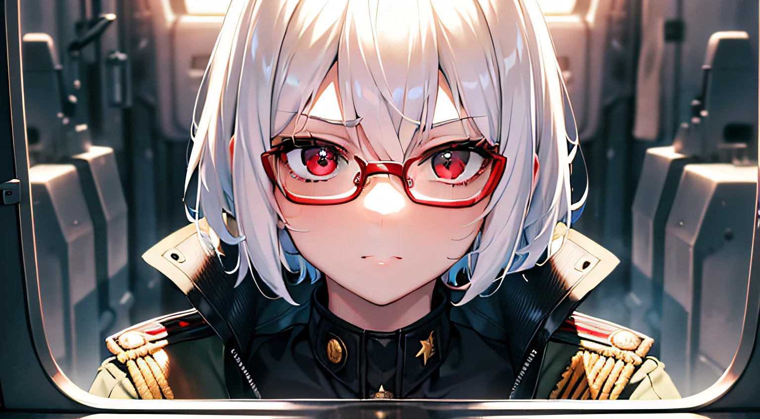 masterpiece , a girl, inside a tank, ( lite white short hair:1.2), (red eyes:1.2), (russian spetsnaz millitary uniform:1.2), (looks at the viewer:1.2) , (8k, best quality 1.2), ultra-detailed, 8k uhd, soft lighting, high quality, film grain, beautiful lighting, cinematic ,perfect body , best illumination, best shadow, sharpness, contrast, red glasses