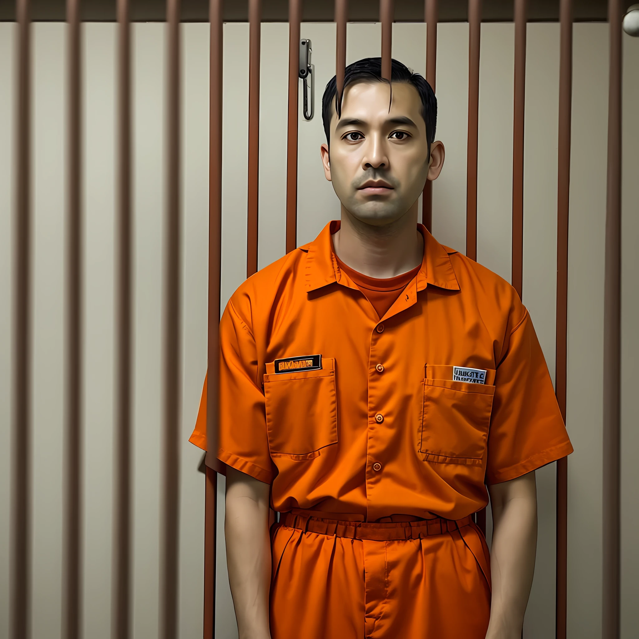 Man incarcerated in jail in orange uniform in prison