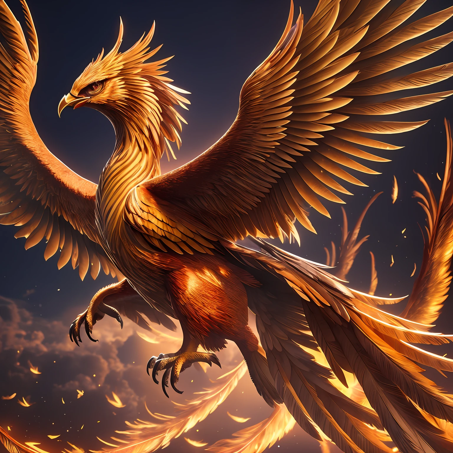 A hyper realistic 3D rendering of a majestic phoenix, featuring ultra-detailed feathers and intricate shading, glittering , shinning feathers , cinematic , cinematic lights , glowing wings , glowing feathers --auto --s2
