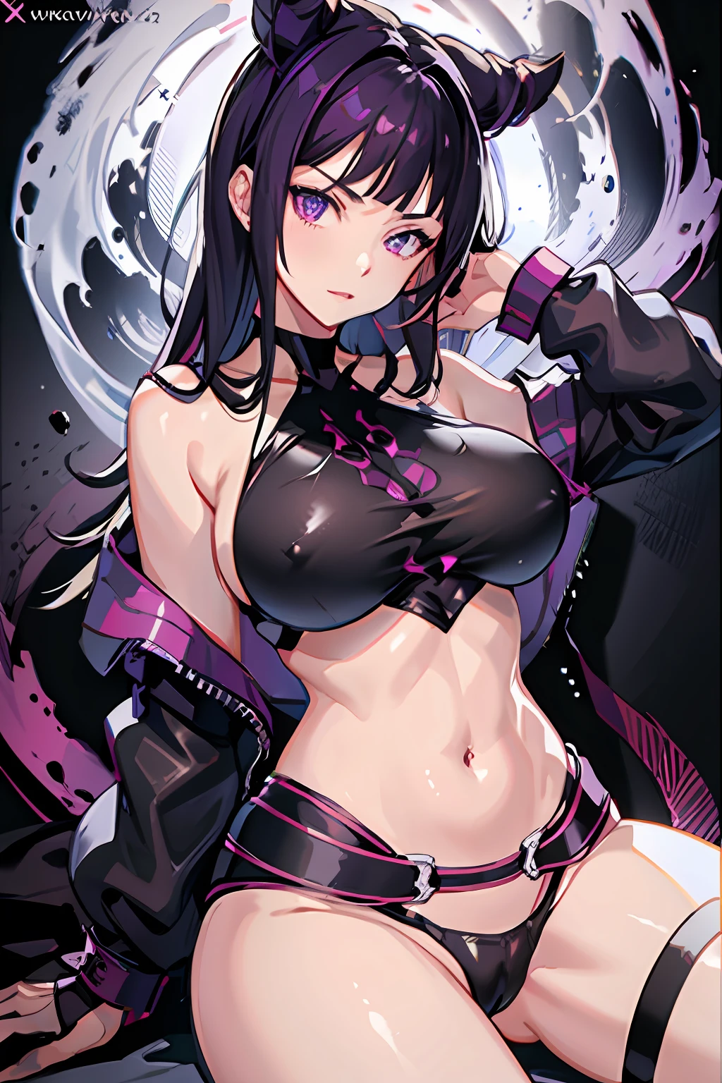 1girl, solo,black latex bodysuit,eyewear on head, navel, thongs, purple eyes, rain, , looking at viewer, bare shoulders, stomach, midriff, purple hair, parted lips, choker, off shoulder, black choker, tattoo, underwear, panties, sitting, black crop top, medium breasts, criss-cross halter, halterneck, shirt, white shirt, long hair, highleg, black panties,star-kafka,huge breasts,shiny,shiny skin,mature female