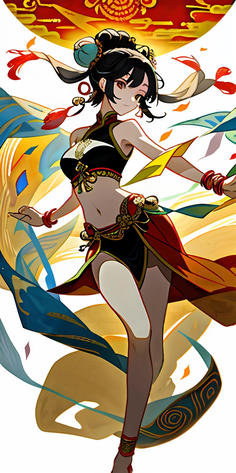 An ancient Chinese beauty with gorgeous costumes embroidered with intricate embroidery, with transparent colorful streamers tied around her arms, flowing, showing her navel, bare shoulders, open neck with buns, flower hairpins, armbands tied with streamers, bracelets, anklets , with metal chain tassels around the waist, Mogao Grottoes art, Dunhuang Flying Apsaras mural inspiration, ink wash, cgstation popular --v 6