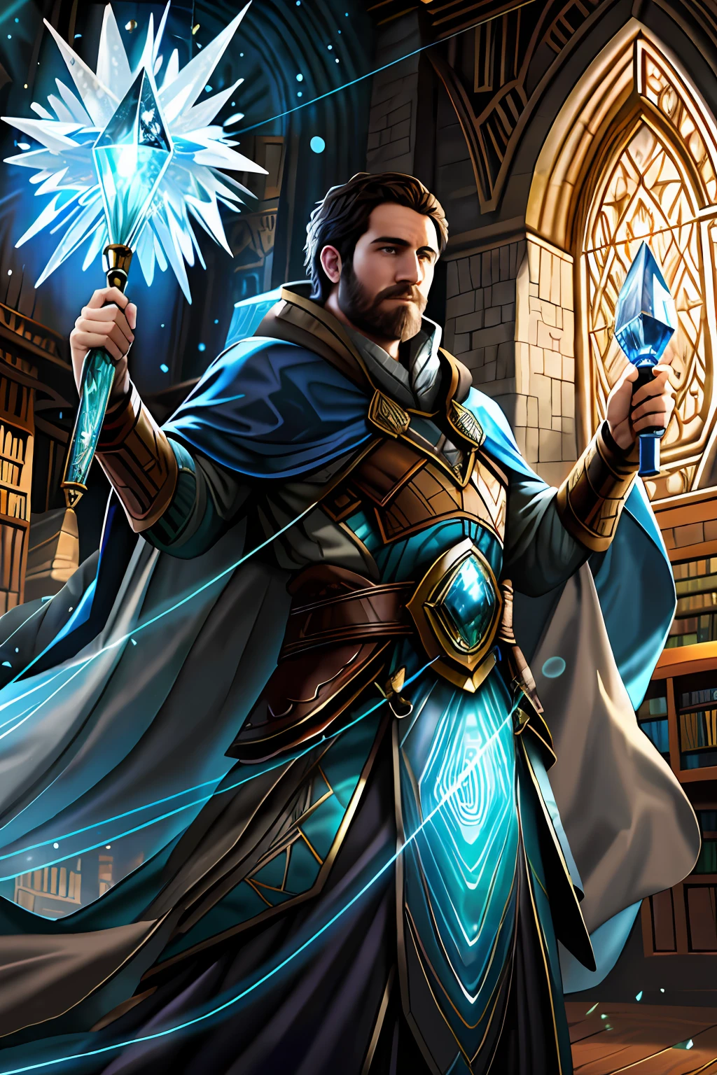 Irish wizard, iain mccaig, sean mcloughlin, james daly, 30 years old, holding wooden staff, staff has large crystal on top, crystal is blue and glowing slightly, the irish wizard is wearing a brown cloak, cloak has magical symbols stitched into the material, the background is of an old library, the walls are clean, inquisitive, friendly, mysterious