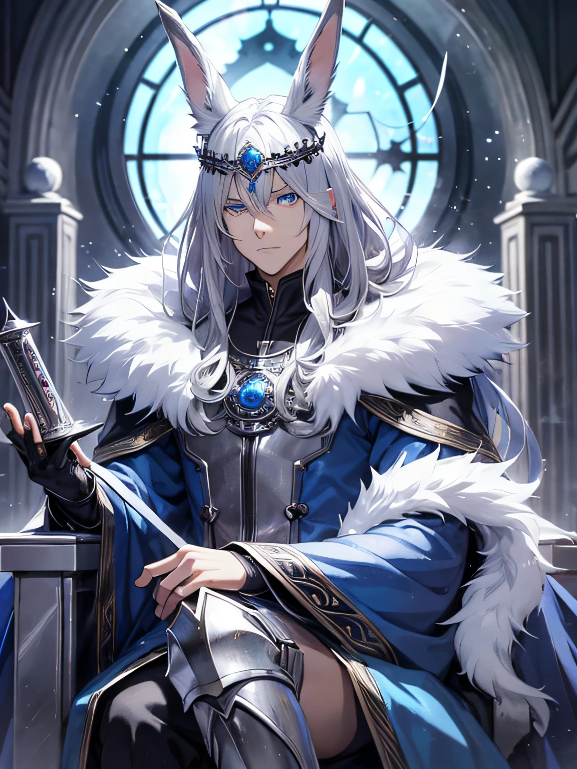 Anime-style, dark fantasy, handsome, silver-haired, blue-eyed rabbit ears, rabbit person, fur, crown, cloak, throne, fantasy --auto --s2