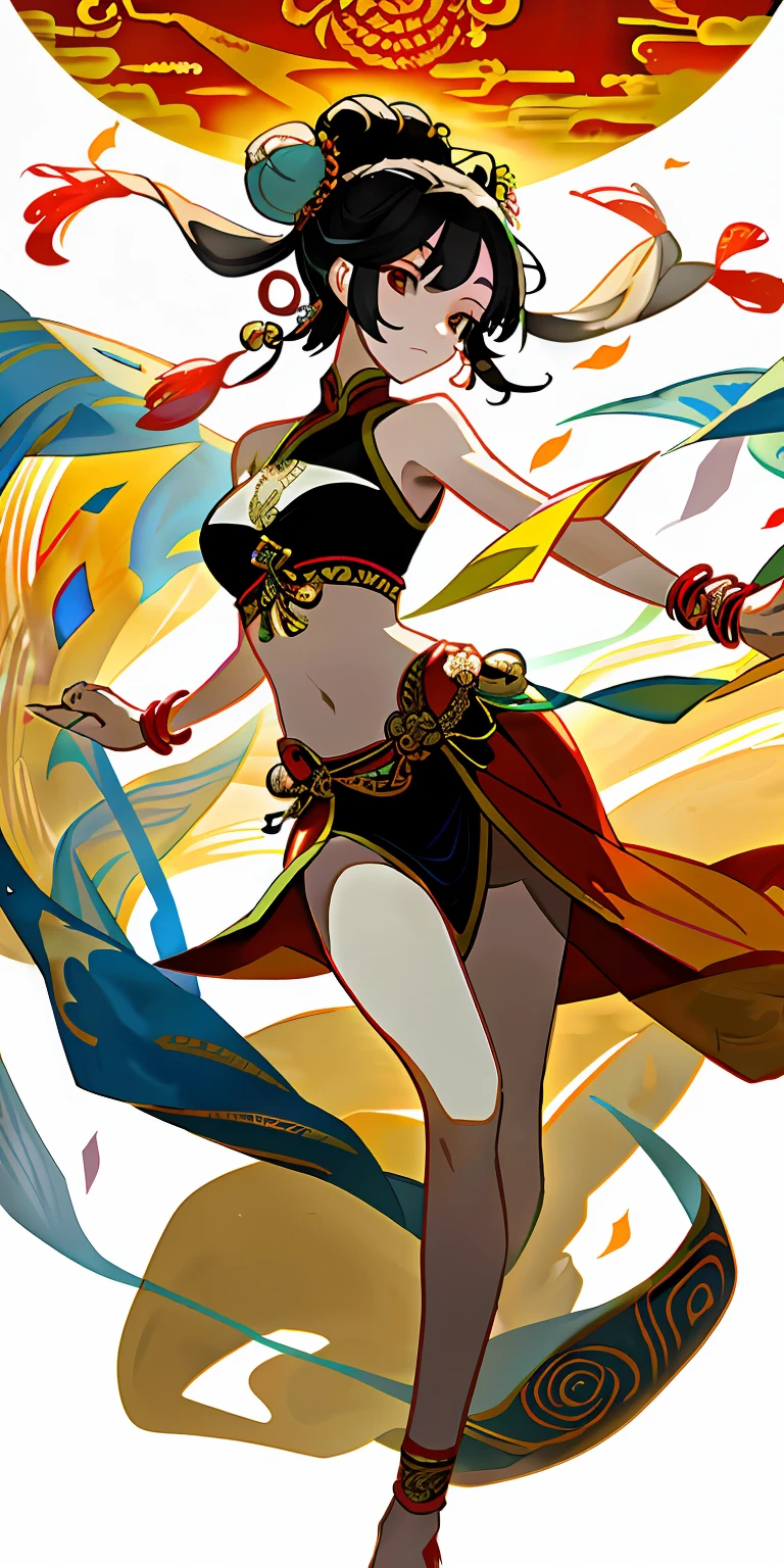 An ancient Chinese beauty with gorgeous costumes embroidered with intricate embroidery, with transparent colorful streamers tied around her arms, flowing, showing her navel, bare shoulders, open neck with buns, flower hairpins, armbands tied with streamers, bracelets, anklets , with metal chain tassels around the waist, Mogao Grottoes art, Dunhuang Flying Apsaras mural inspiration, ink wash, cgstation popular --v 6