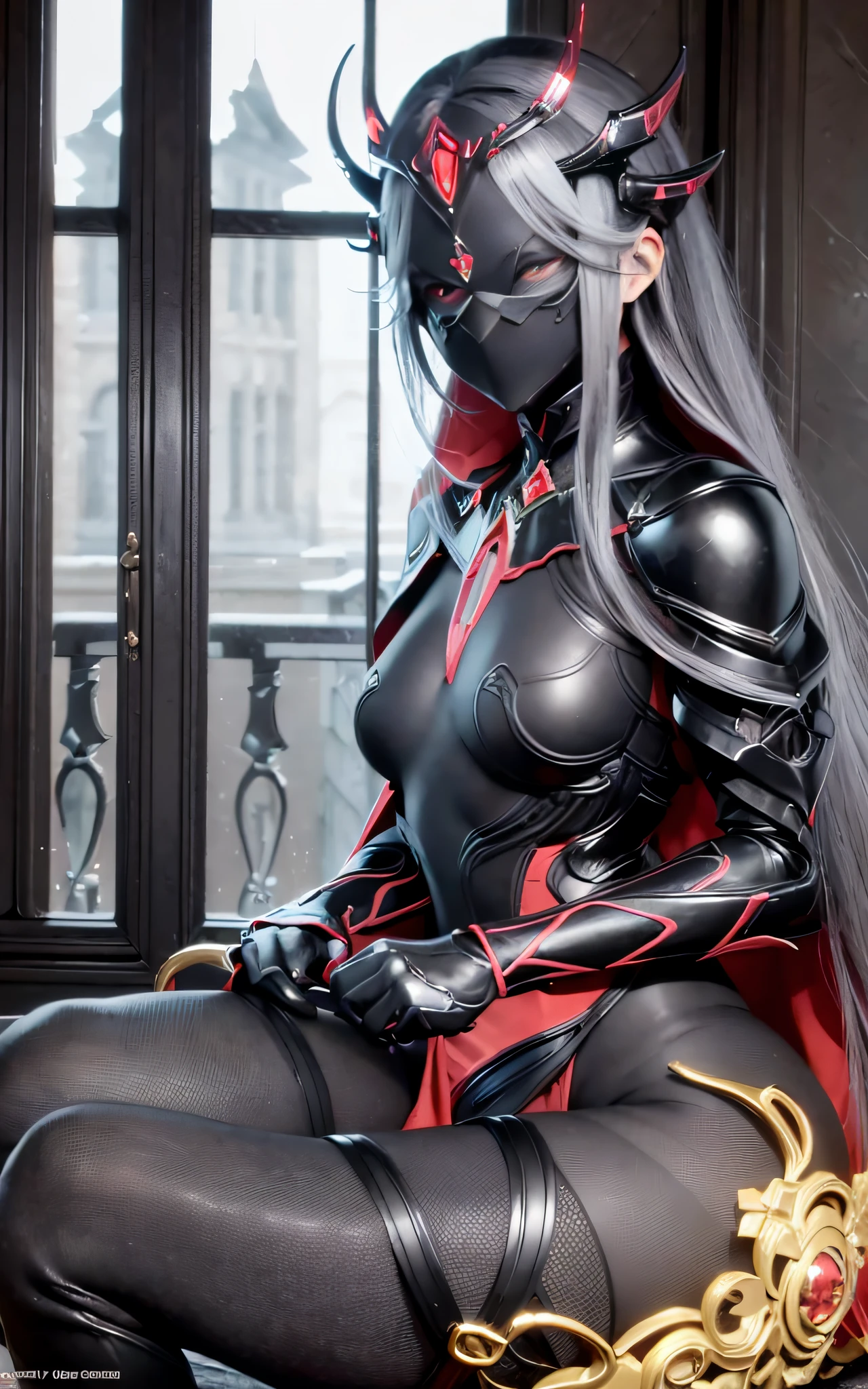 beautiful detailed background, octane render, 8k, best quality, masterpiece, illustration, extremely delicate and beautiful, detailed,extremely detailed,CG,unity,wallpaper,Amazing, fine detail, realistic art: 1.2 ,masterpiece, best quality, official art, extremely detailed CG unity 8k wallpaper,1girl, (((long black straight hair,))), dark knight,red eyes,beautiful face, upper body,(black Armor and red robe,) looking at view realistic photo,Evil laugh, (hiqcgbody) ,perfect female figure,earring,narrow waist, (looking at view), alluring,prestige,(fire,indoor,ruins)