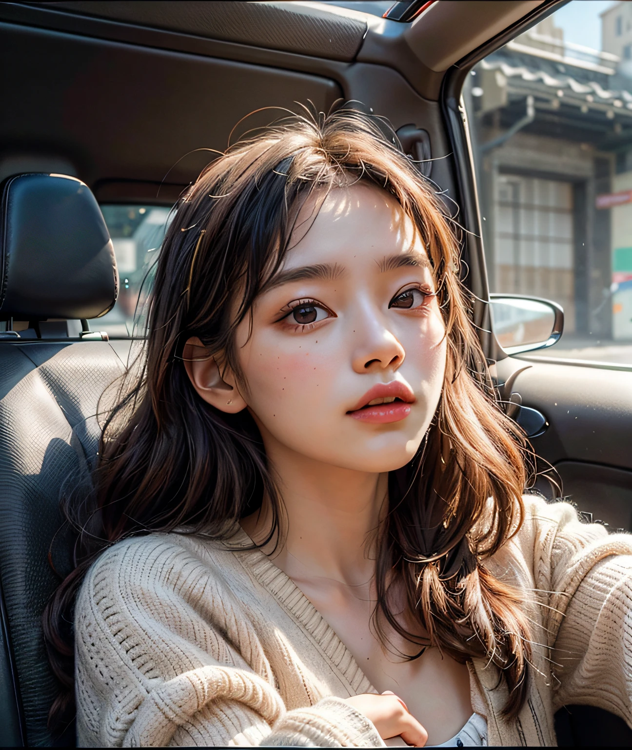 18-year-old woman, (young woman: 1.21), (flat chest:1.3), petite,
sitting in car seat,
(35mm style: 1.1), analog style, masterpiece, raw, bright and vibrant, film grain, Subtlety, Bright Aesthetic, Nostalgiacore, Frontlight, soft lighting, no dust in beam, cheerful lighting, vibrant colors, Subtlety, Bright Aesthetic, 'lighthearted, delightful, uplifting, joyful, cheerful, pleasant, sunny, optimistic', clear sky, sunshine, Realism, VFX, FXAA, TXAA, RTX, SSAO, Shaders, No noise, Ambient Lighting, Tone Mapping, Sunlight, high resolution, ultra HD, megapixel, (8k resolution: 1.10), 8k, 8kres, 8k res, high details, intricate details, intricate and delicate, high intricate details, reasonable amount of details, normalcy, (high quality: 1.2, masterpiece: 1.2, : 1.21),