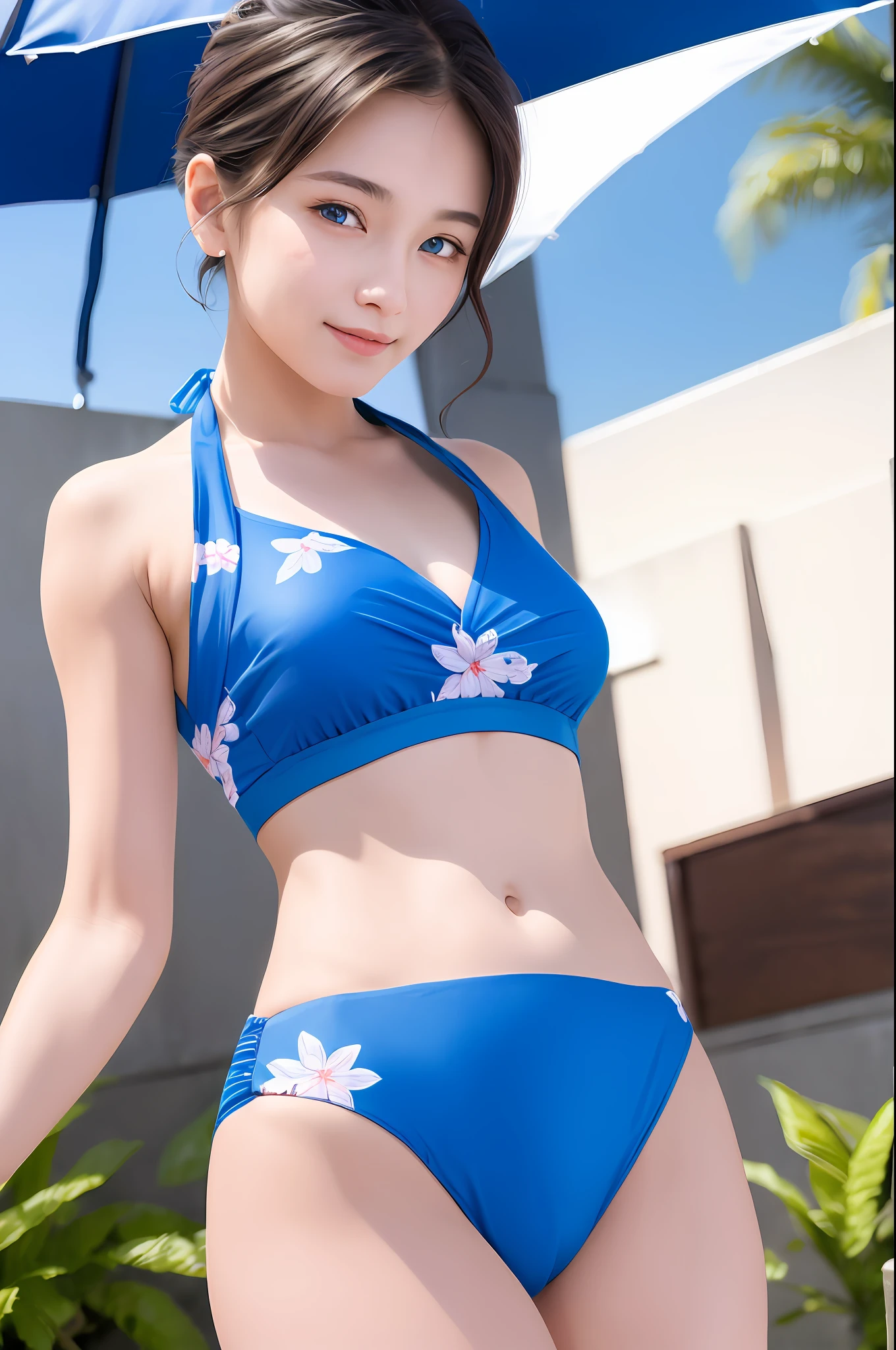 ((Masterpiece, Top Quality, Ultra Definition, High Definition)), Solo, Beautiful Girl, Shining Eyes, Perfect Eyes, , Blue Themes, Yukata, Bikini, Fireworks