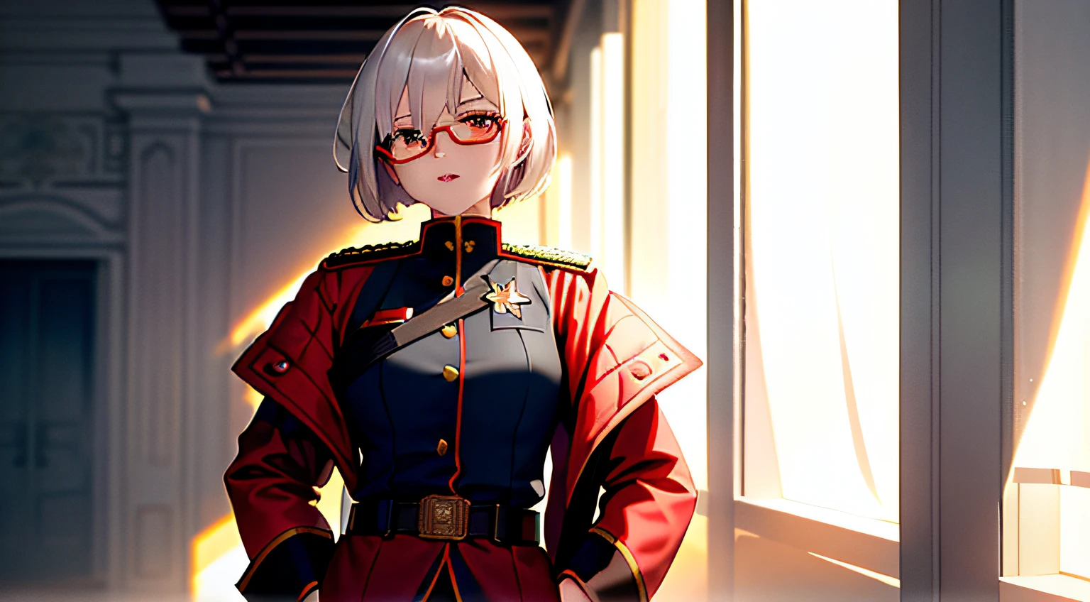 masterpiece , a girl, in a middle of war, ( lite white short hair:1.2), (red eyes:1.2), (russian spetsnaz millitary uniform:1.2), (looks at the viewer:1.2) , (8k, best quality 1.2), ultra-detailed, 8k uhd, soft lighting, high quality, film grain, beautiful lighting, cinematic ,perfect body , best illumination, best shadow, sharpness, contrast, red glasses, got shot in the stomach, full bod