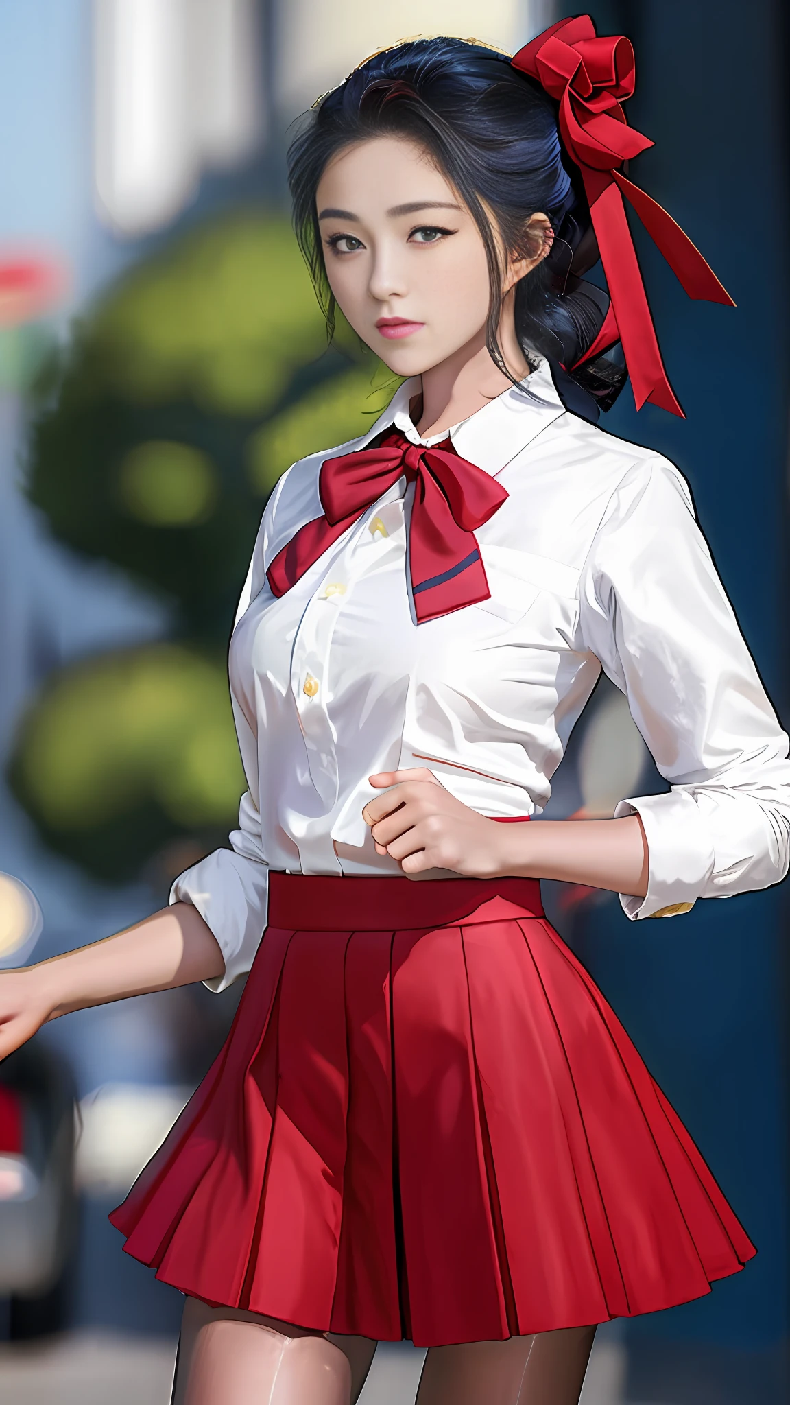 masterpiece, best quality, high resolution, UI2, 1 girl, solo, green eyes, solo, red skirt, white shirt, low double tail, show legs, pompom, collared shirt, blue bow, pleated skirt, school uniform, short sleeves, wariza,