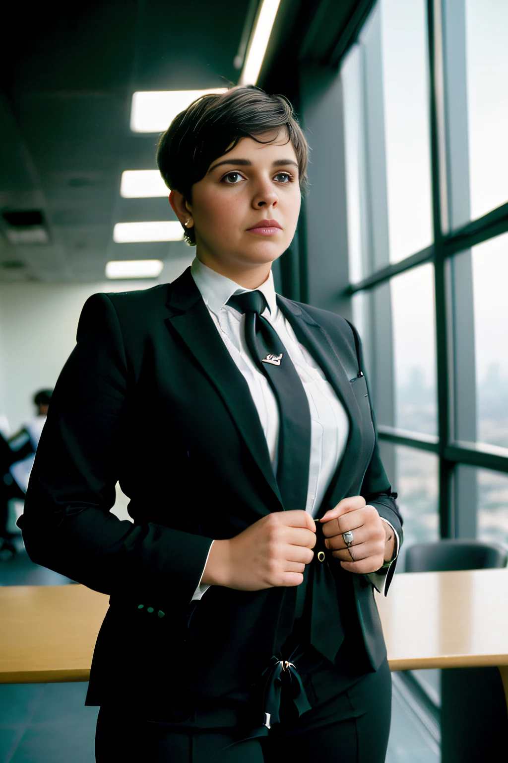 A Brazilian woman, (chubby: 1.5), masculinized body, 1.58m tall, (chubby 70kg), (short hair: 0.3), (Pixie cut) (((straight hair))), (black hair), (round face: 1.7) wearing ((pants)) and (TOMBOY male black social suit), (((black TOMBOY style))), (((black suit))), ((((female tie))), with curted arms, ((((serious businesswoman pose)))), inside the office, (blurred background) (four fingers and one thumb),  subsurface scattering, (sharp: 0.7) , [(color explosion psychedelic ink colors: 1.21):: 0.05], amazing fine details, film photography Nikon D850 Kodak Portra 400 camera f1.6 lens, rich colors, realistic texture, dramatic lighting, urban environment, skyscrapers, neon signs, street vendors, dynamic composition, unreal mechanism, trend in ArtStation, cinestill 800 tungsten