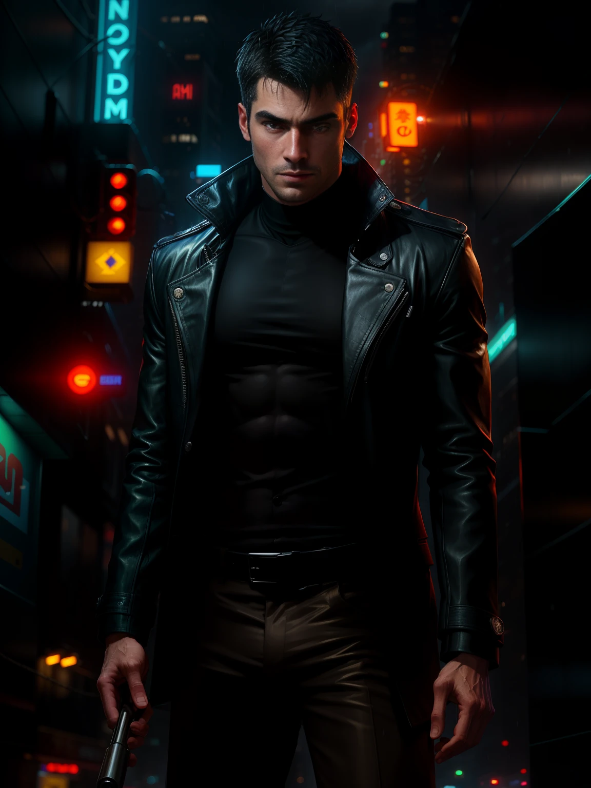 masterpiece, best quality, highres, realistic, handsome gay facial features, police coat, rainy wet weather, soaking wet skin, raindrops, thunder storm, blade runner, dystopia, science fiction, biomechanical details, bright neon lights, dark looming buildings, barechest, big pecs, pale skin, pulled down pants,short black hair,((young))