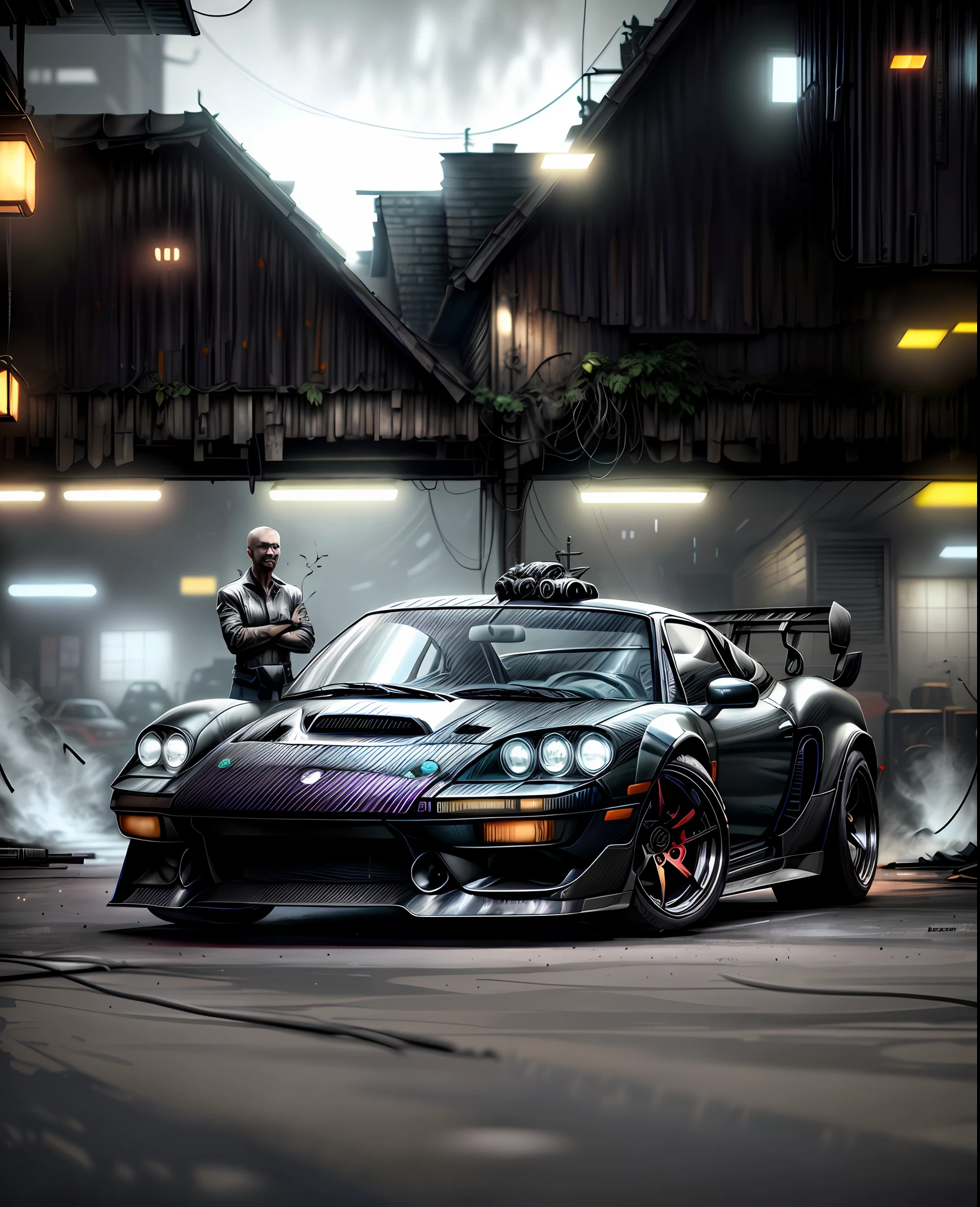there are two pictures of a car in a garage with a man standing next to it, hq 4k phone wallpaper, hq 4k wallpaper, photorealistic dark concept art, phone wallpaper, wallpaper mobile, cinematic photograph concept art, stunning moody cinematography, cinematic gritty lighting, cinematic post process, blade runner aesthetic, inspired by Liam Wong, blade runner vibes