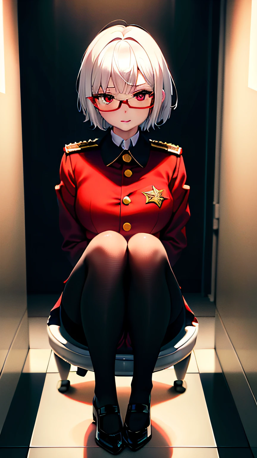 masterpiece , a girl, in the toilet, ( lite white short hair:1.2), (red eyes:1.2), (Feldgrau uniform:1.2), (looks at the viewer:1.2) , (8k, best quality 1.2), ultra-detailed, 8k uhd, soft lighting, high quality, film grain, beautiful lighting, cinematic ,perfect body , best illumination, best shadow, sharpness, contrast, white panties, black pantyhose, red glasses, vaginal, nsfw, blush