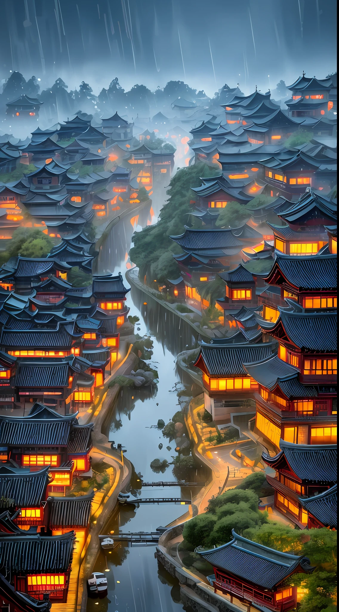 arafed view of a village with a lot of lights on the buildings, dreamy chinese town, chinese village, amazing wallpaper, japanese town, japanese village, hyper realistic photo of a town, old asian village, japanese city, by Raymond Han, rainy evening, cyberpunk chinese ancient castle, beautifully lit buildings, at evening during rain, beautiful and aesthetic, photography, cinematic, 8k, high detailed ((Heavy rain)))